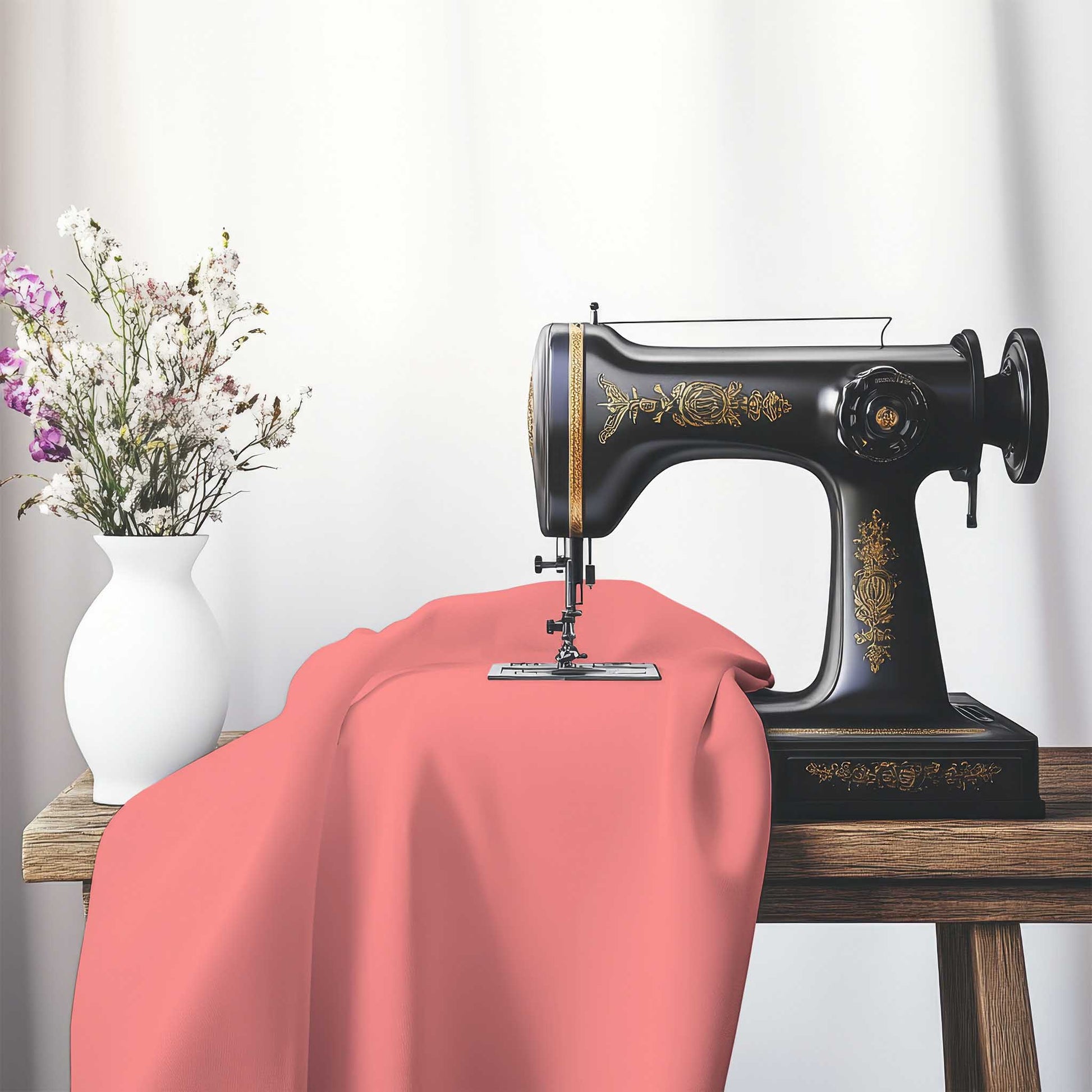Pink Spun Polyester Handpainted Purple Watercolor Print, FASP-1340-999, on an antique sewing machine sitting on a desk with vase of beautiful flowers.