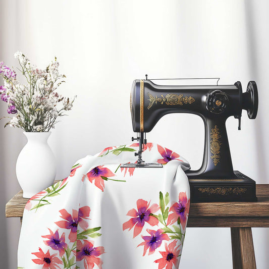 Printed Fabric with Handpainted Pink Watercolor Floral, FASP-1344, on an antique sewing machine sitting on a desk with vase of beautiful flowers.
