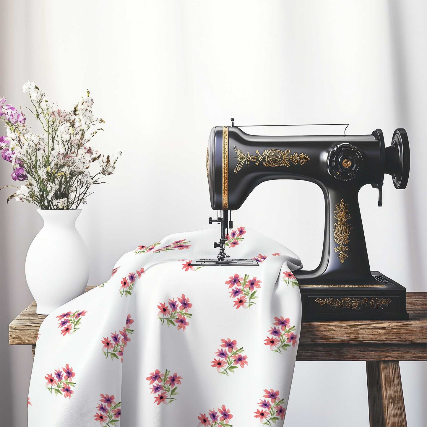 Printed Fabric with Handpainted Pink Watercolor Floral Pattern, FASP-1345, on an antique sewing machine sitting on a desk with vase of beautiful flowers.