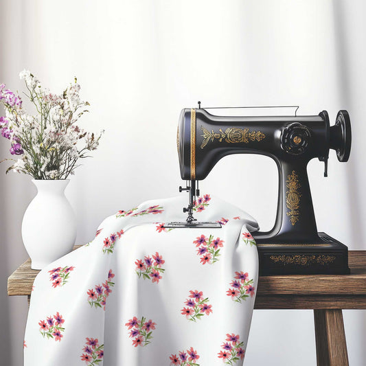 Printed Fabric with Handpainted Pink Watercolor Floral Pattern, FASP-1345, on an antique sewing machine sitting on a desk with vase of beautiful flowers.