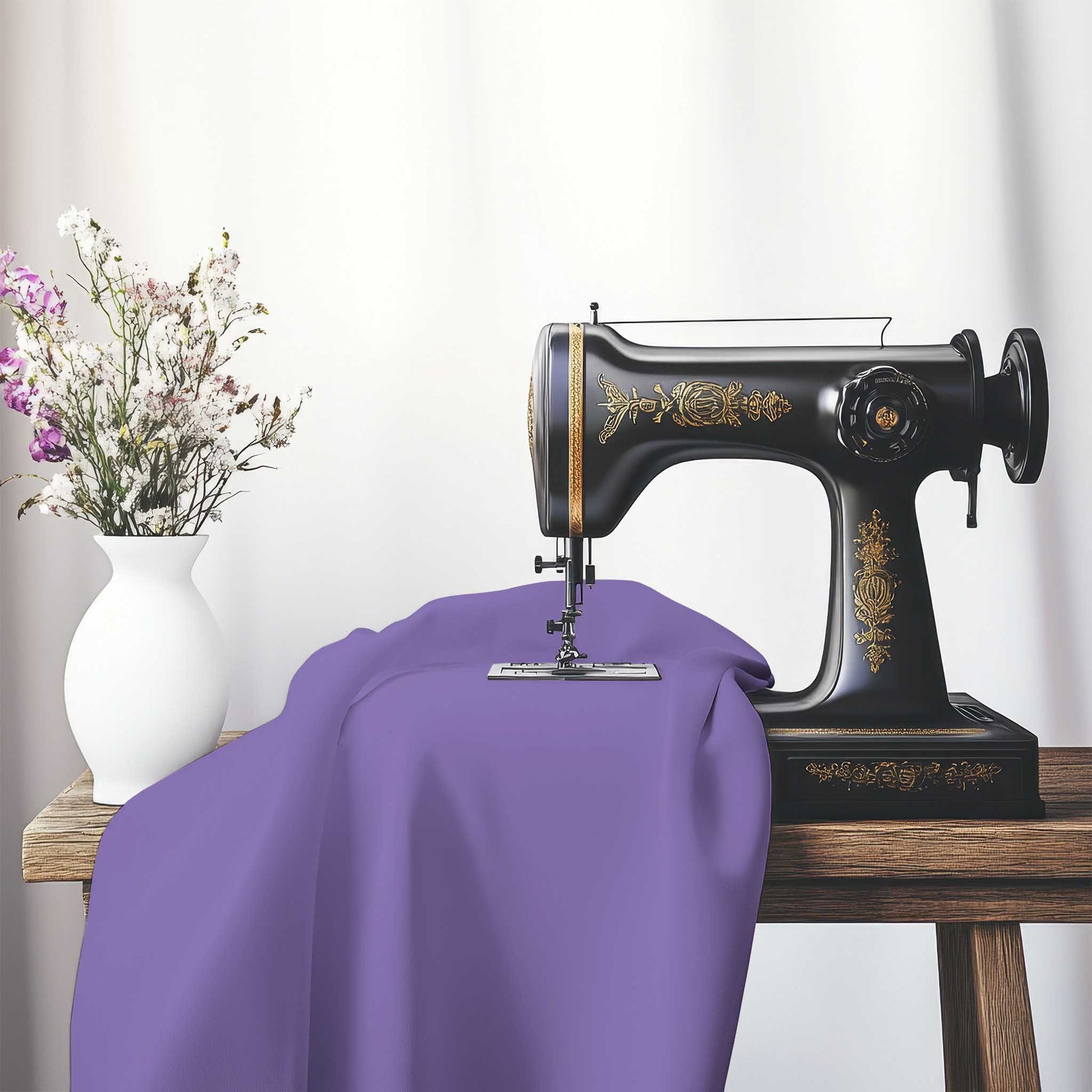 Purple Spun Polyester Handpainted Purple Watercolor Print, FASP-1350-999, on an antique sewing machine sitting on a desk with vase of beautiful flowers.