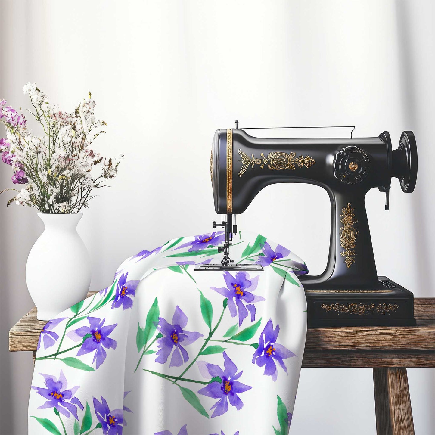 Printed Fabric with Handpainted Purple Watercolor Floral, FASP-1354, on an antique sewing machine sitting on a desk with vase of beautiful flowers.