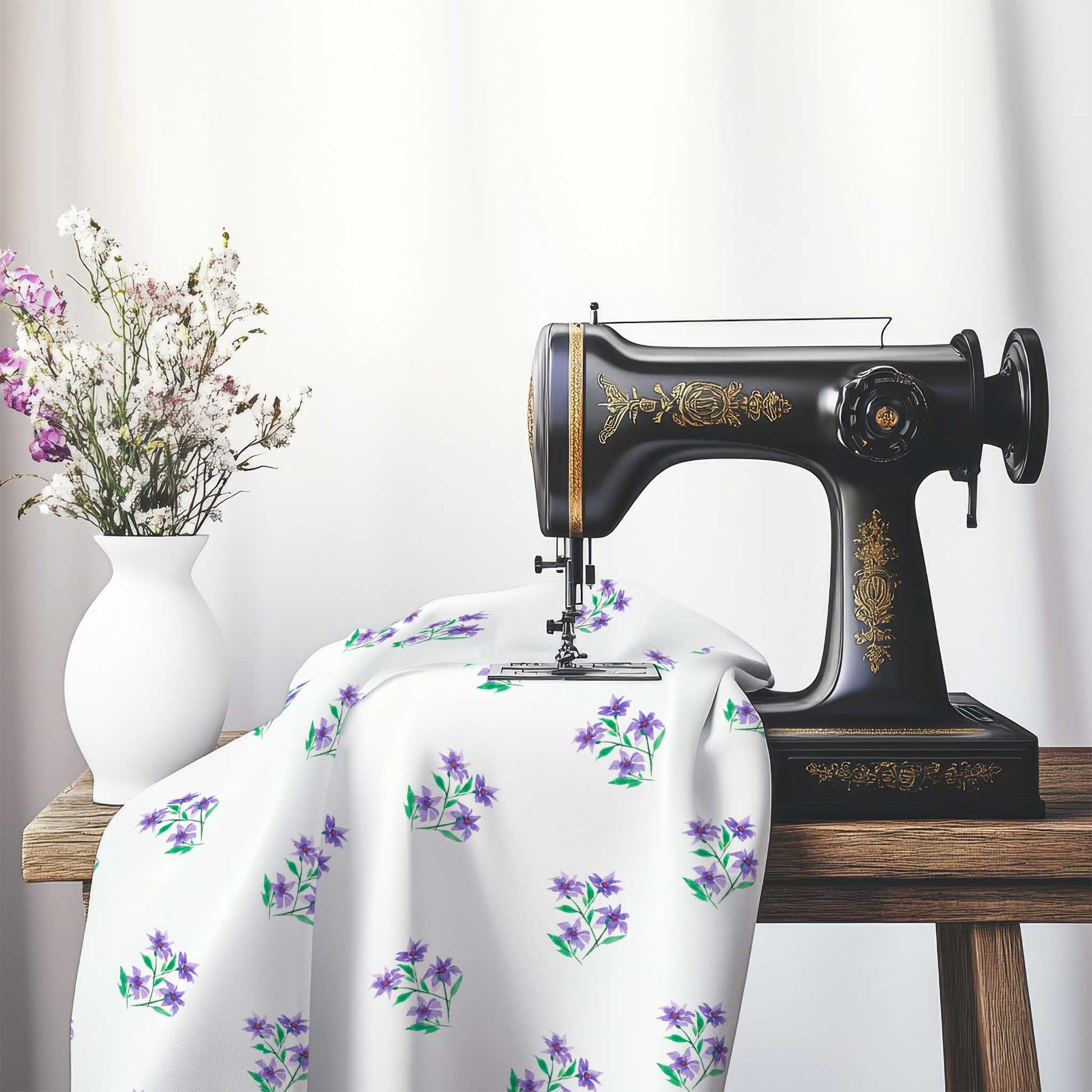 Printed Fabric with Handpainted Purple Watercolor Floral Pattern, FASP-1355, on an antique sewing machine sitting on a desk with vase of beautiful flowers.