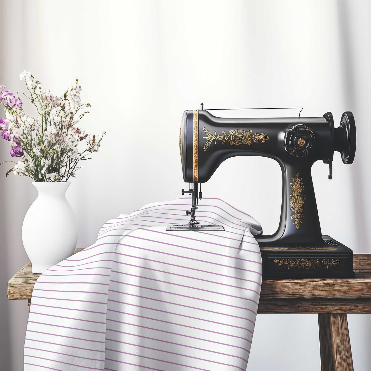 White Spun Polyester Fabric with Fine Mauve Stripes, FASP-1360-151, on an antique sewing machine sitting on a desk with vase of beautiful flowers.