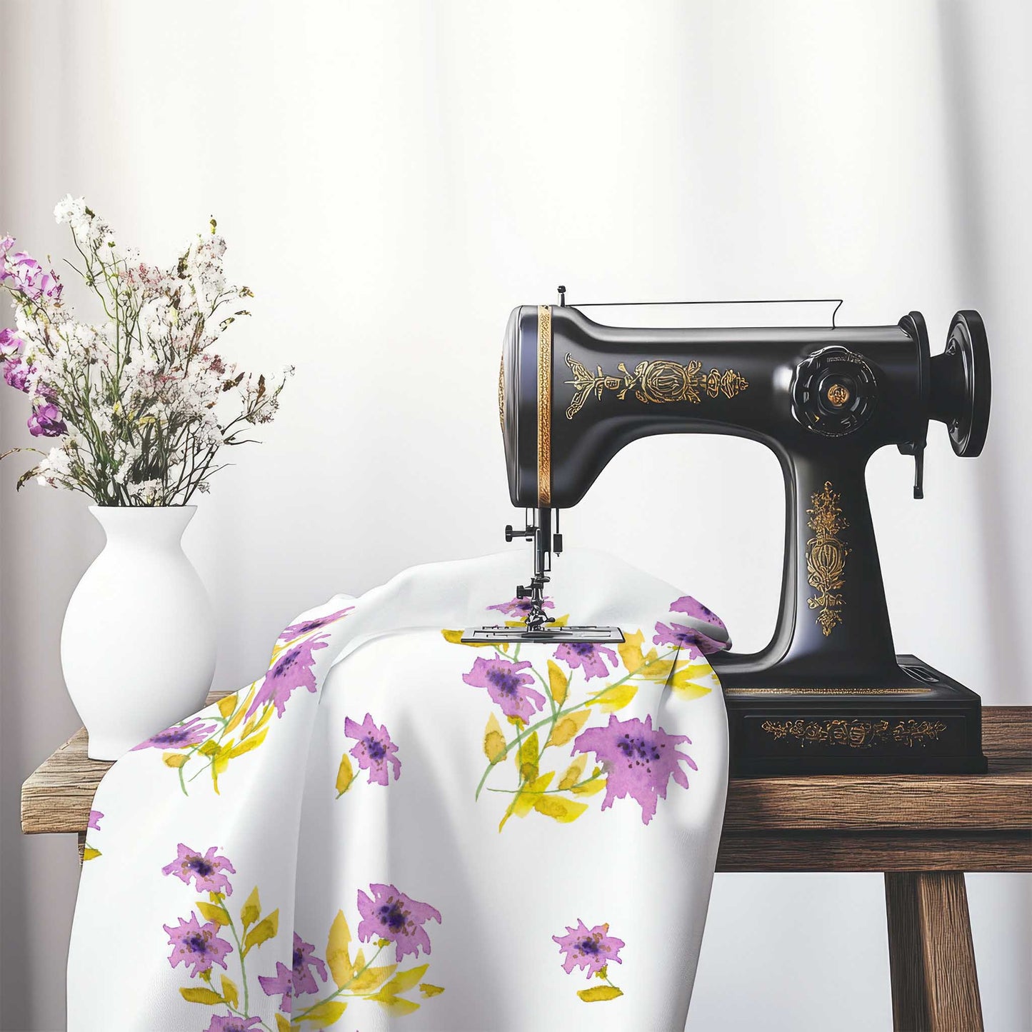 Printed Fabric with Handpainted Mauve Watercolor Floral, FASP-1364, on an antique sewing machine sitting on a desk with vase of beautiful flowers.