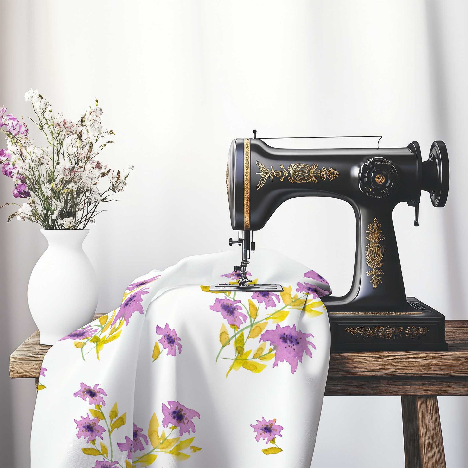 Printed Fabric with Handpainted Mauve Watercolor Floral, FASP-1364, on an antique sewing machine sitting on a desk with vase of beautiful flowers.
