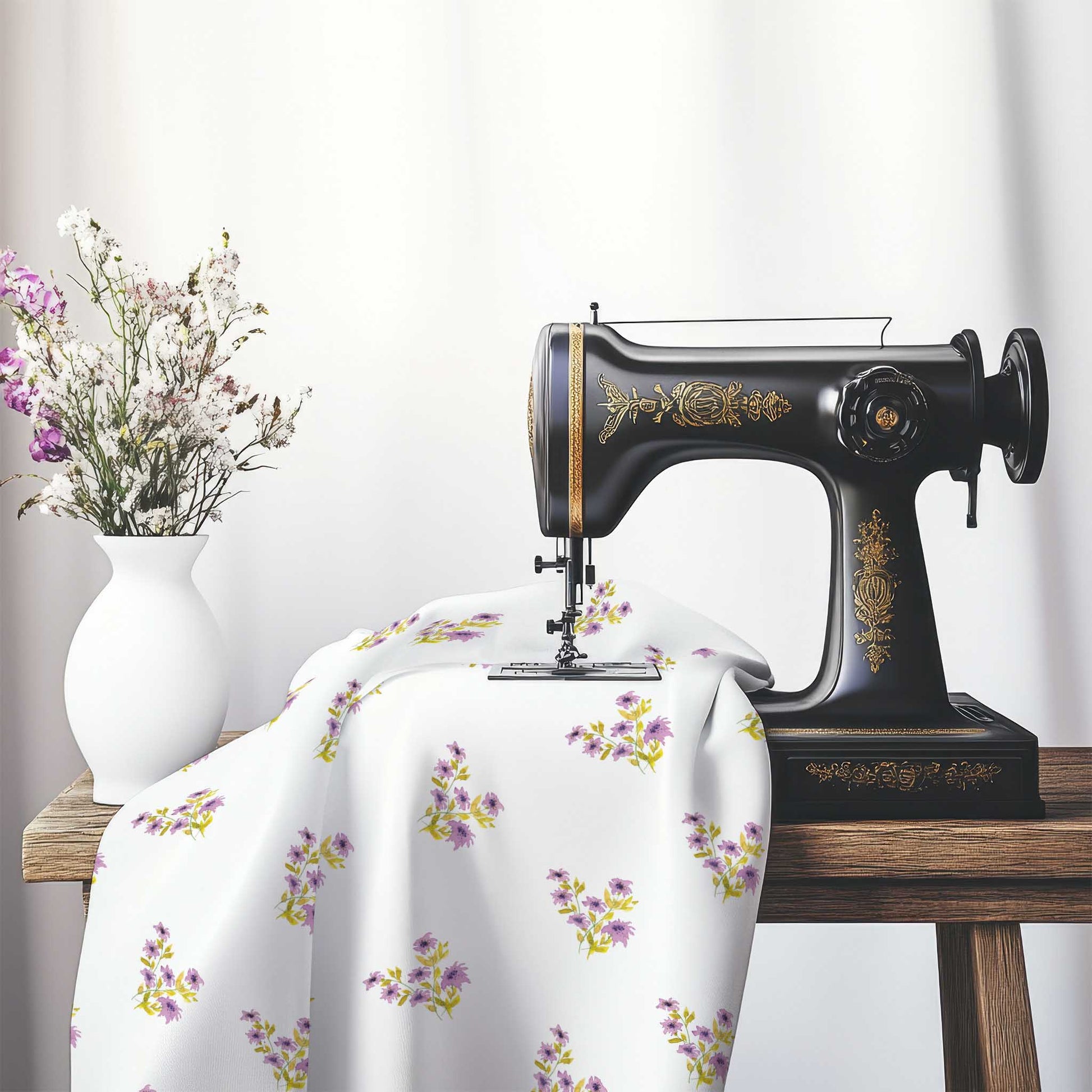 Printed Fabric with Handpainted Mauve Watercolor Floral Pattern, FASP-1365, on an antique sewing machine sitting on a desk with vase of beautiful flowers.