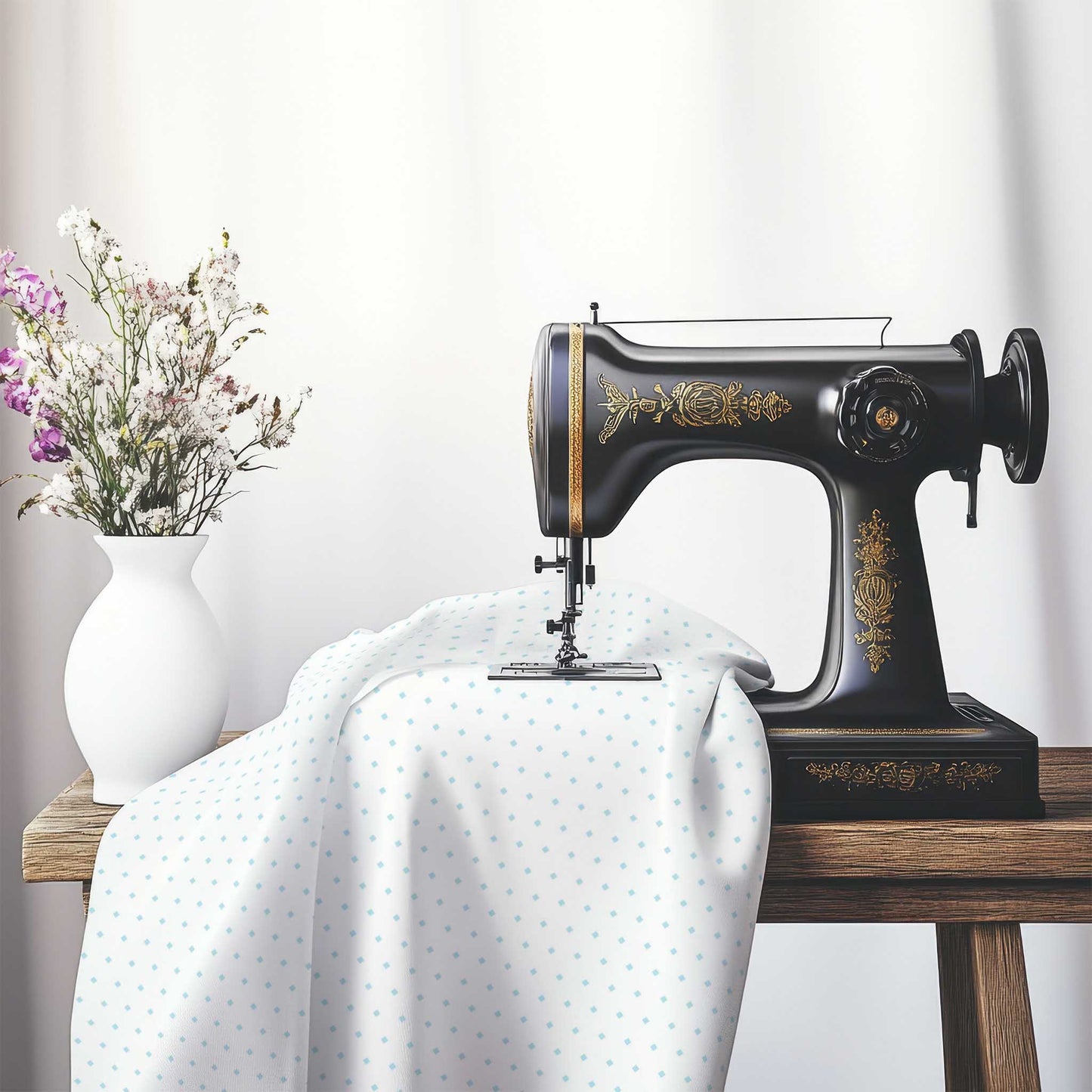 White Spun Polyester Fabric with Fine Blue Diamonds, FASP-1370-111, on an antique sewing machine sitting on a desk with vase of beautiful flowers.