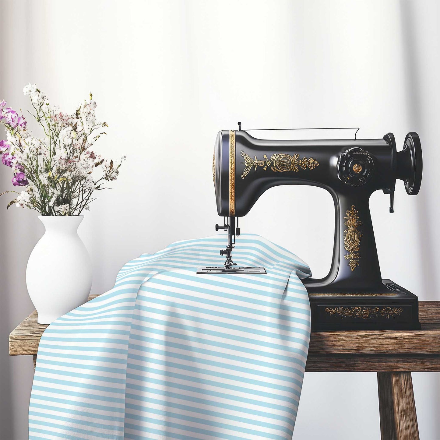 White Spun Polyester Fabric with Thin Blue Bars, FASP-1370-241, on an antique sewing machine sitting on a desk with vase of beautiful flowers.
