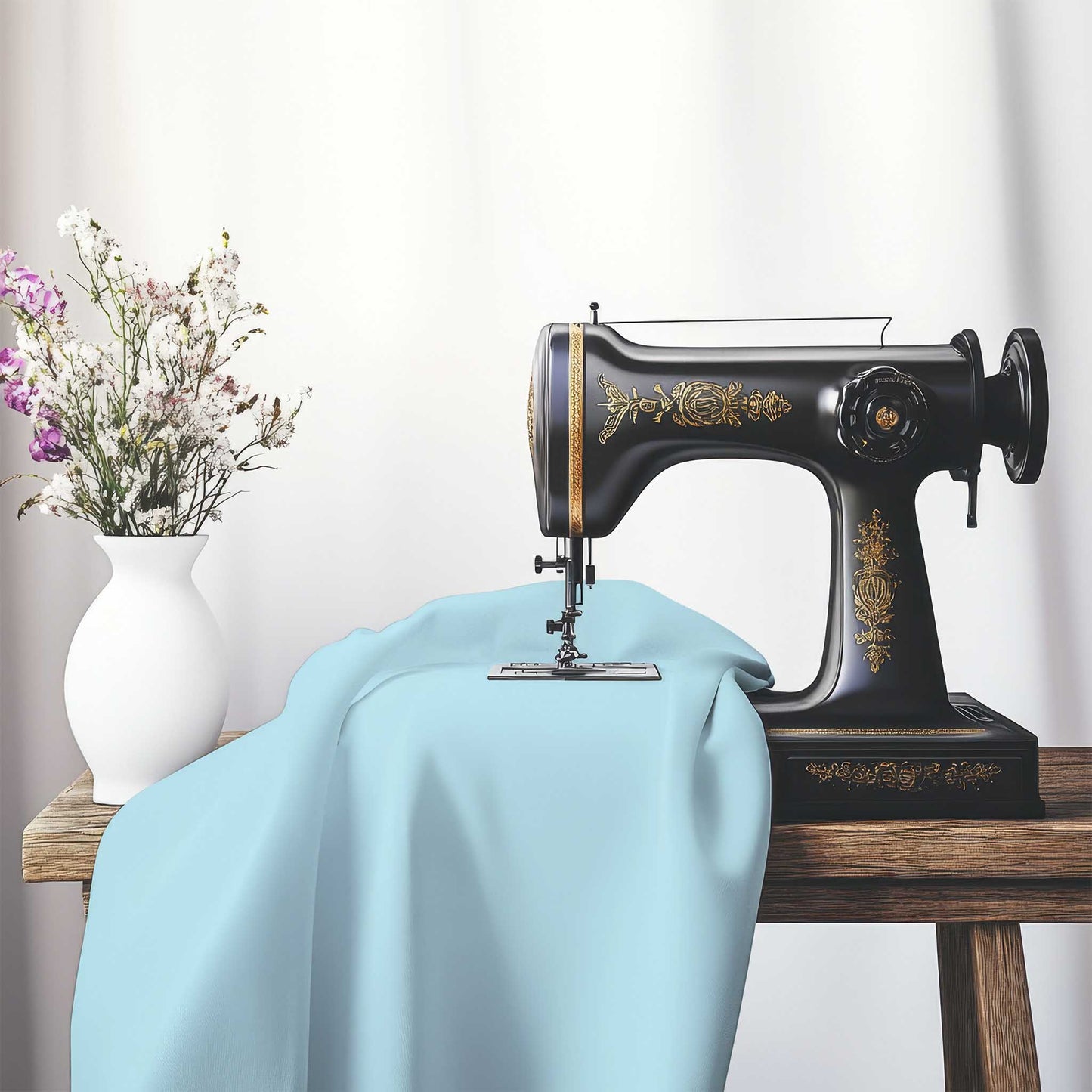 Blue Spun Polyester Handpainted Purple Watercolor Print, FASP-1370-999, on an antique sewing machine sitting on a desk with vase of beautiful flowers.