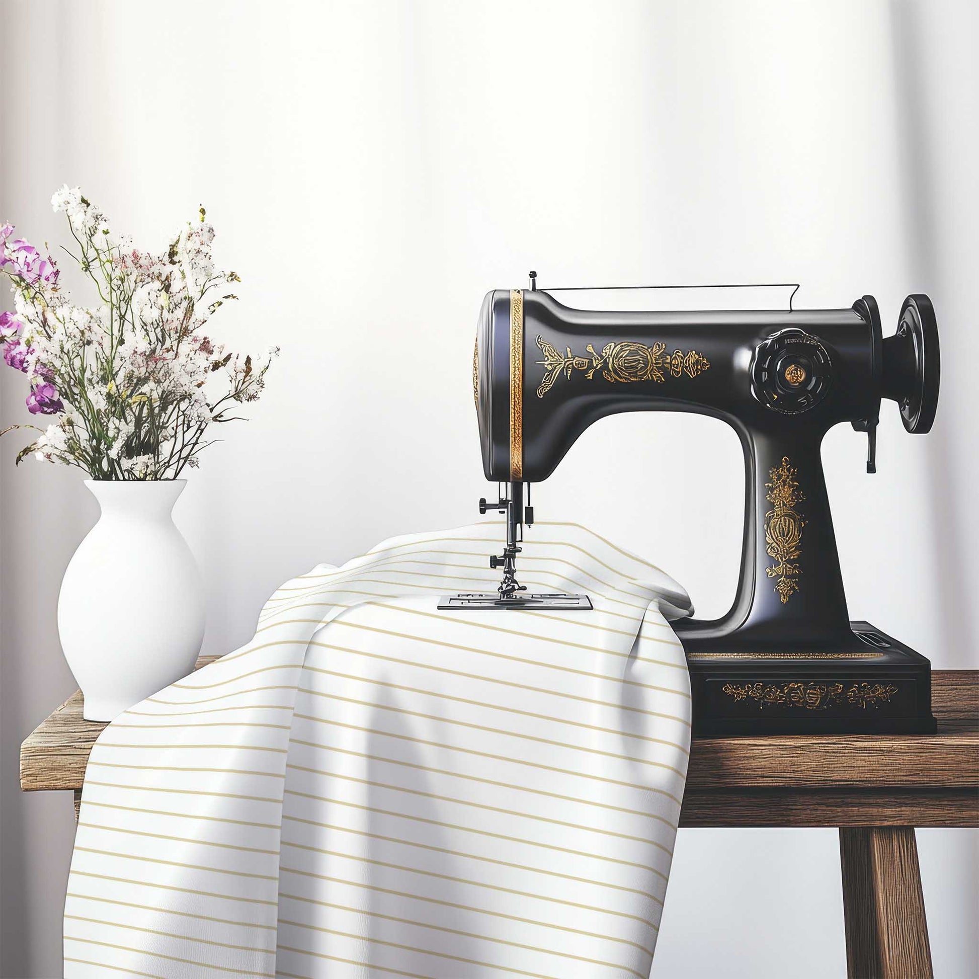 White Spun Polyester Fabric with Fine Tan Stripes, FASP-1371-151, on an antique sewing machine sitting on a desk with vase of beautiful flowers.