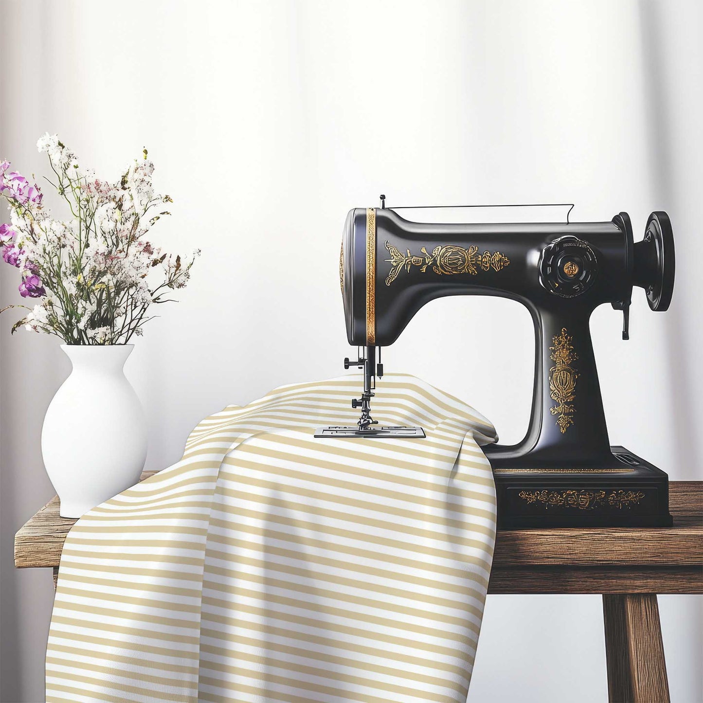 White Spun Polyester Fabric with Thin Tan Bars, FASP-1371-241, on an antique sewing machine sitting on a desk with vase of beautiful flowers.
