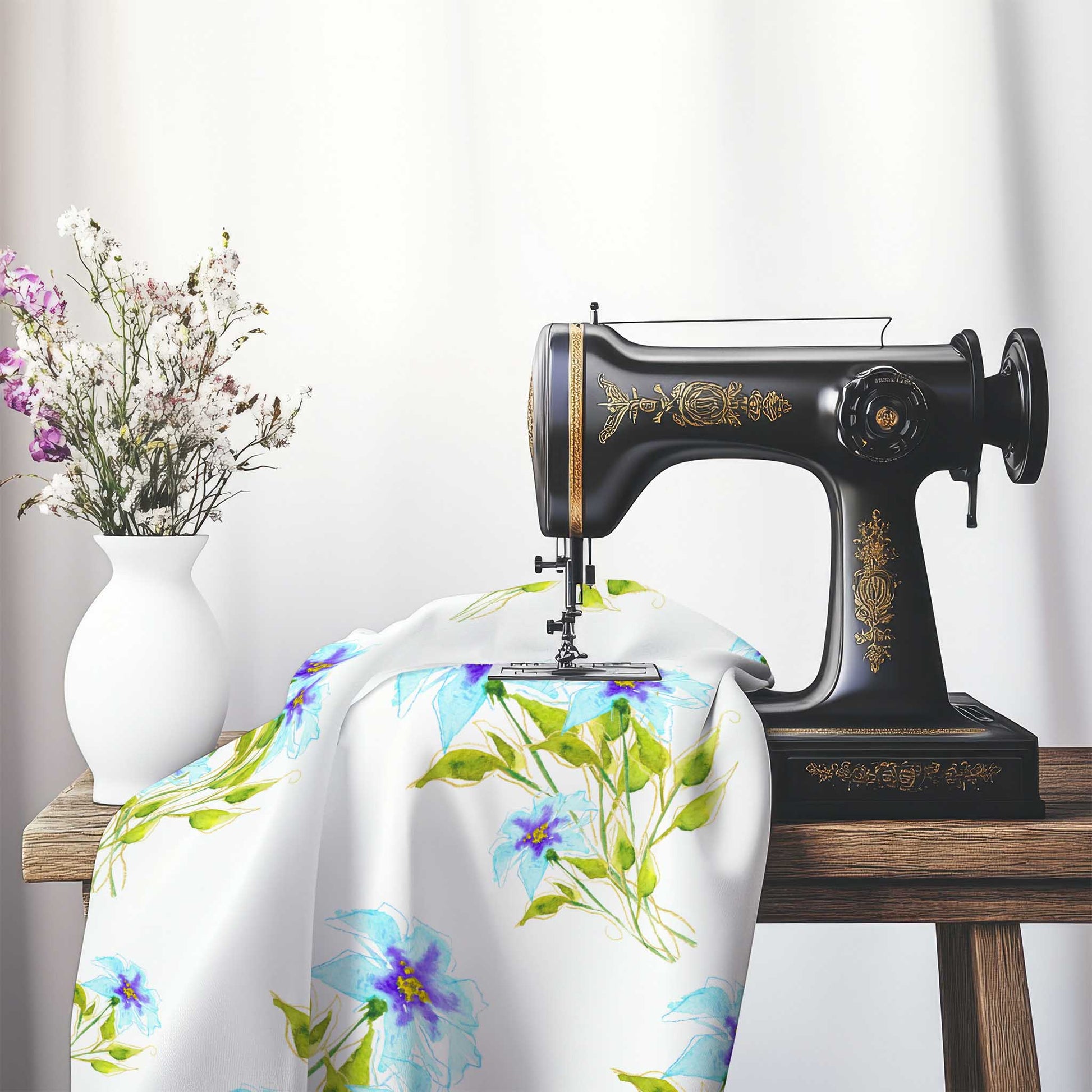 Printed Fabric with Handpainted Blue Watercolor Floral, FASP-1374, on an antique sewing machine sitting on a desk with vase of beautiful flowers.