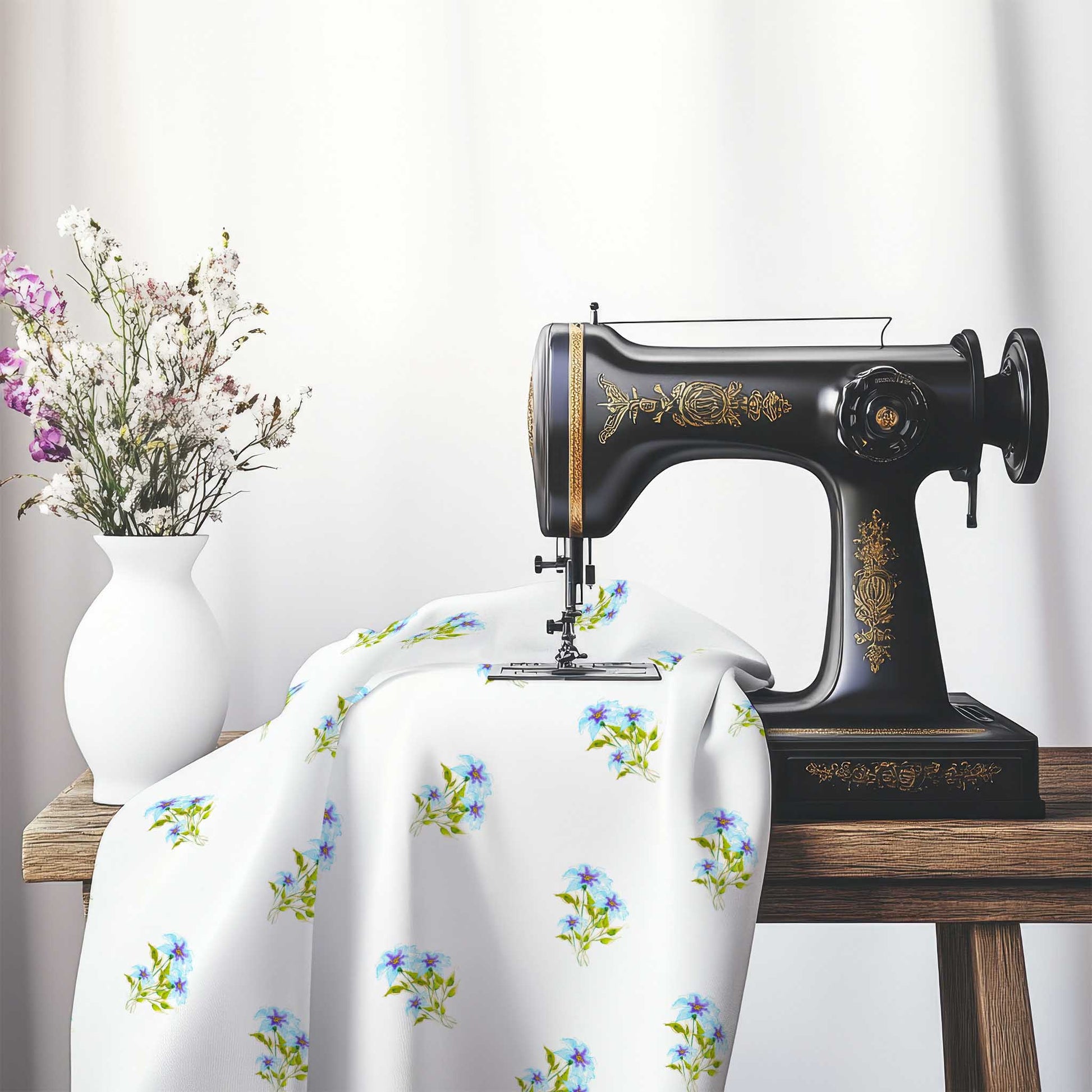 Printed Fabric with Handpainted Blue Watercolor Floral Pattern, FASP-1375, on an antique sewing machine sitting on a desk with vase of beautiful flowers.