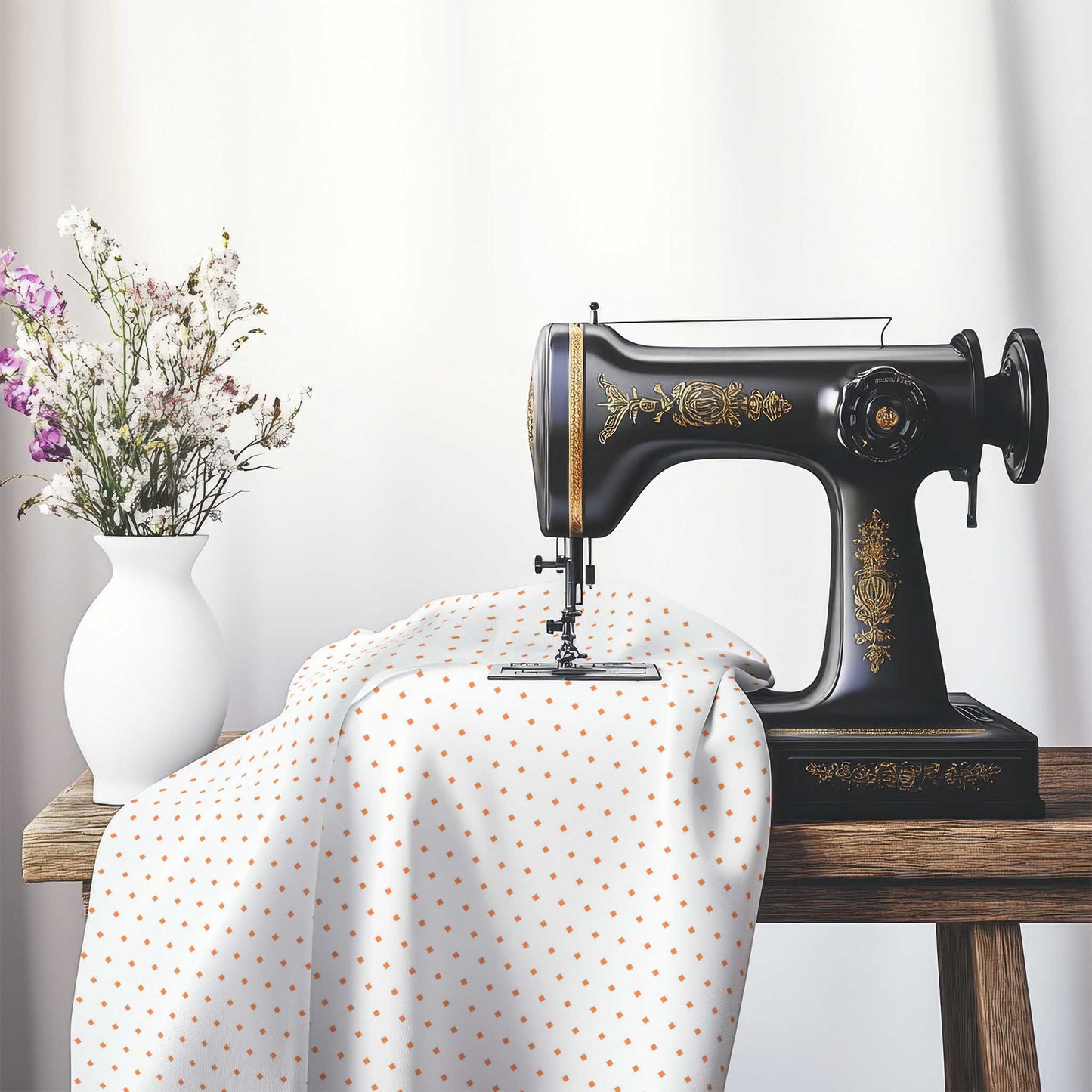 White Spun Polyester Fabric with Fine Orange Diamonds, FASP-1380-111, on an antique sewing machine sitting on a desk with vase of beautiful flowers.