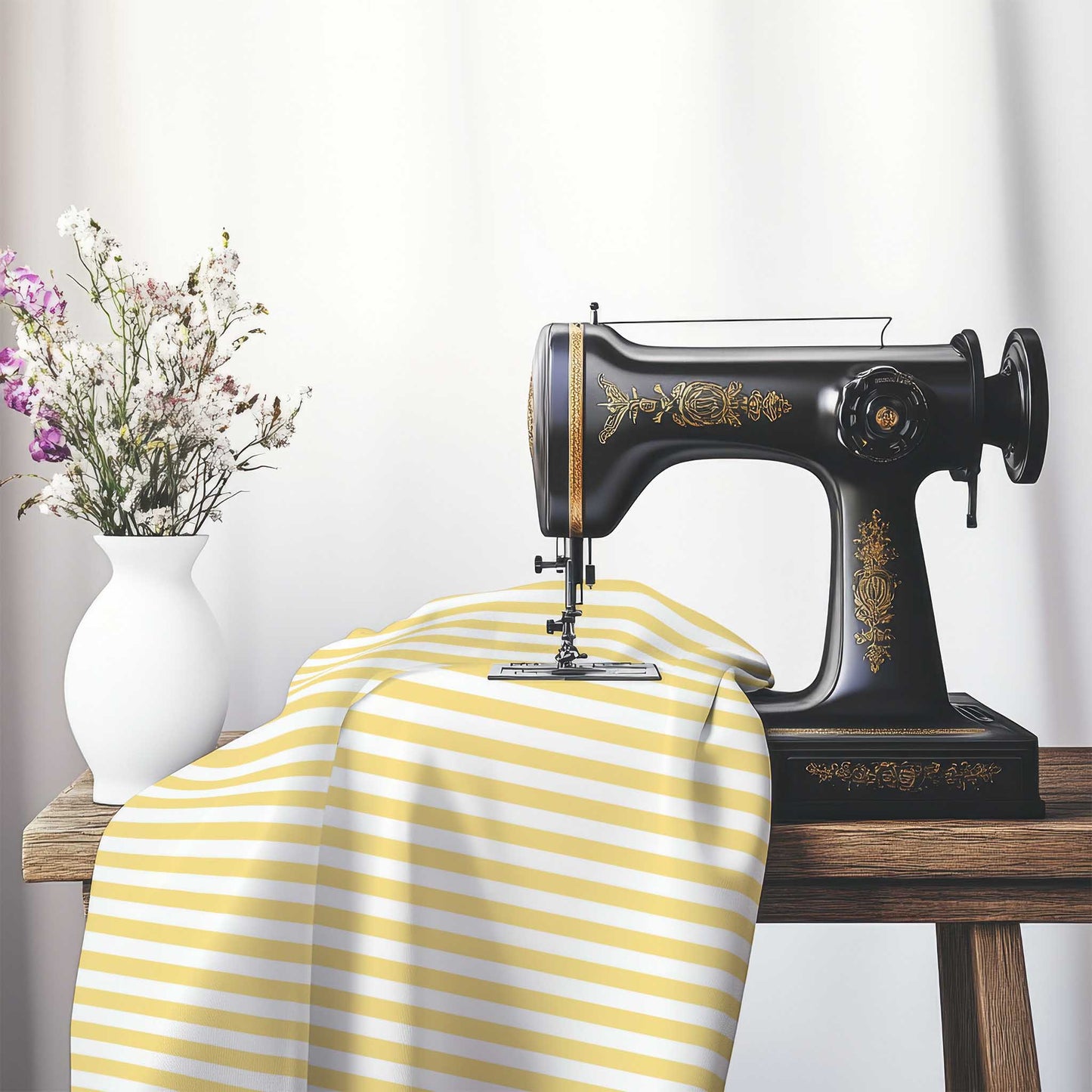 White Spun Polyester Fabric with Yellow Bars, FASP-1381-051, on an antique sewing machine sitting on a desk with vase of beautiful flowers.