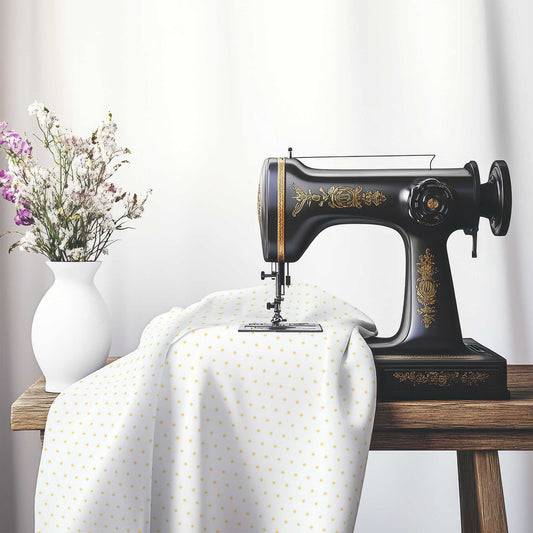 White Spun Polyester Fabric with Fine Yellow Diamonds, FASP-1381-111, on an antique sewing machine sitting on a desk with vase of beautiful flowers.