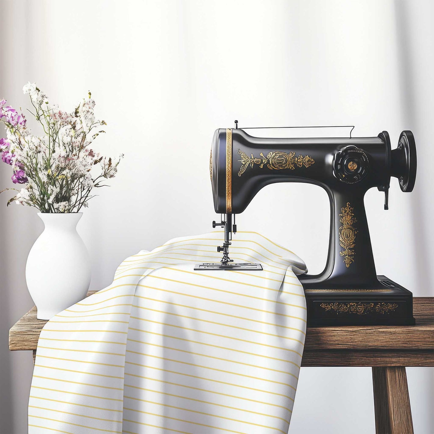 White Spun Polyester Fabric with Fine Yellow Stripes, FASP-1381-151, on an antique sewing machine sitting on a desk with vase of beautiful flowers.