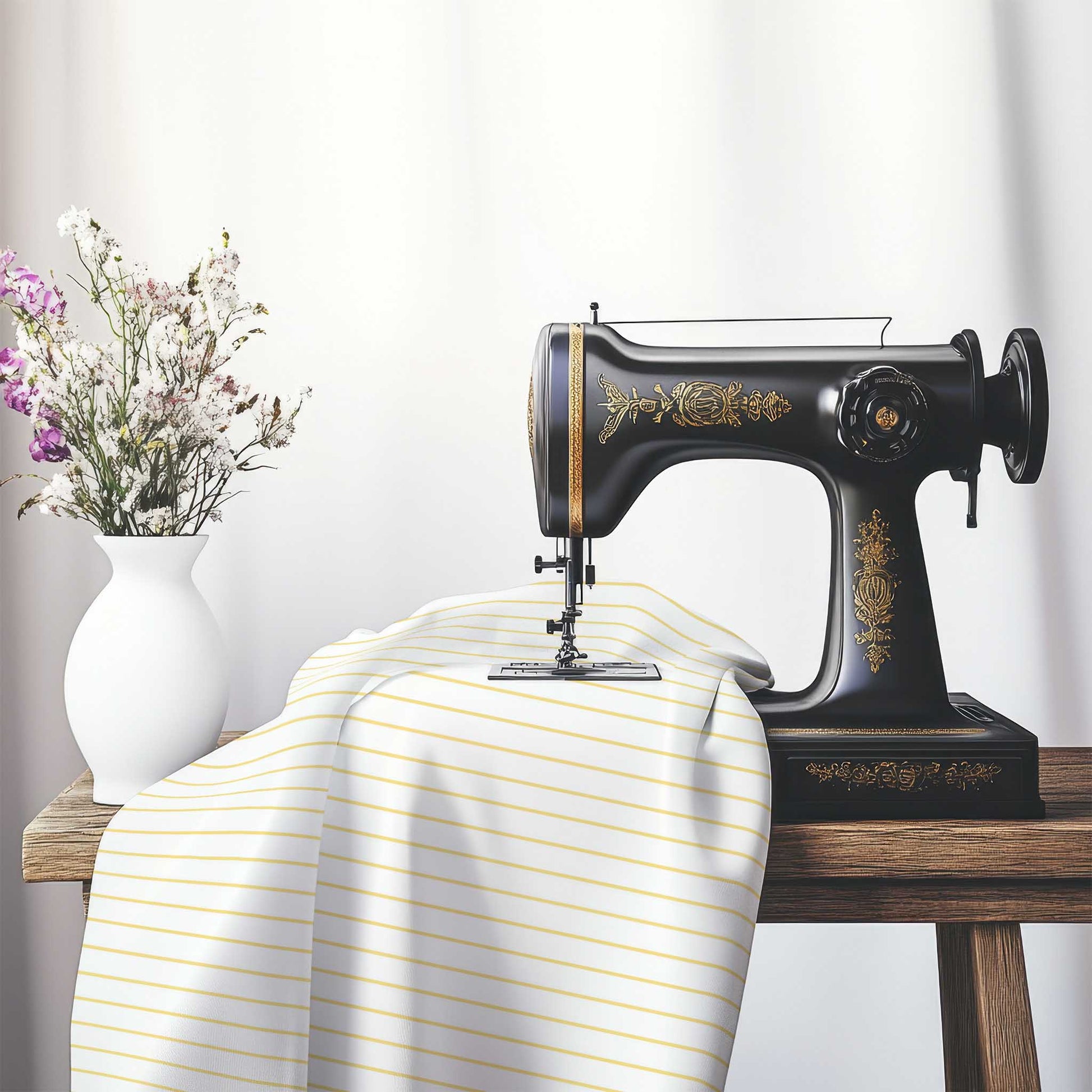 White Spun Polyester Fabric with Fine Yellow Stripes, FASP-1381-151, on an antique sewing machine sitting on a desk with vase of beautiful flowers.