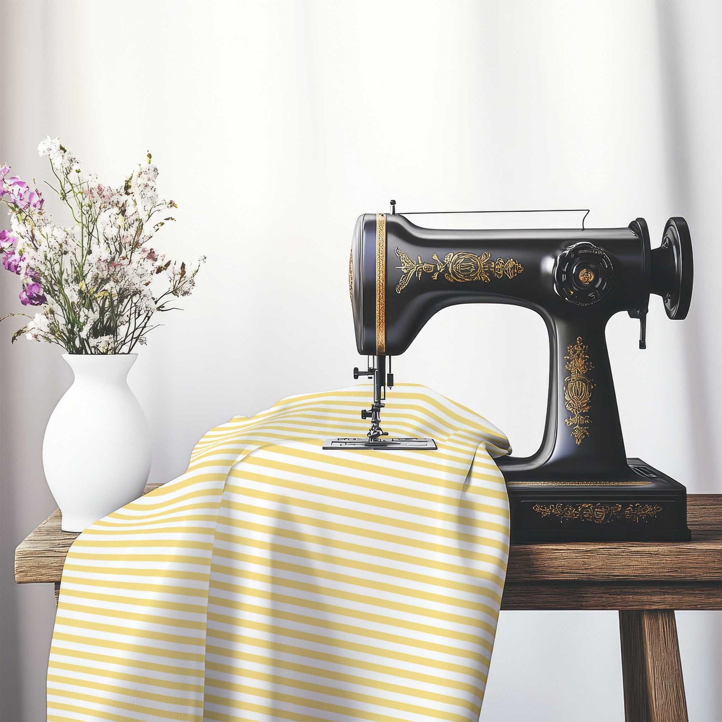 White Spun Polyester Fabric with Thin Yellow Bars, FASP-1381-241, on an antique sewing machine sitting on a desk with vase of beautiful flowers.