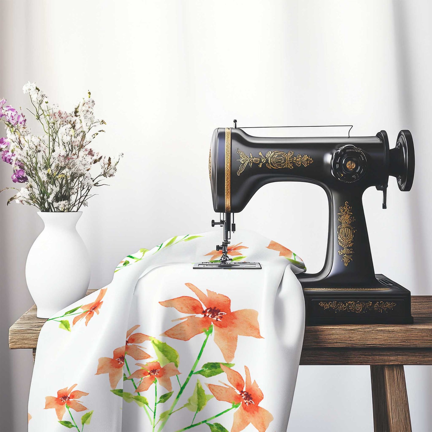 Printed Fabric with Handpainted Red Watercolor Floral, FASP-1384, on an antique sewing machine sitting on a desk with vase of beautiful flowers.