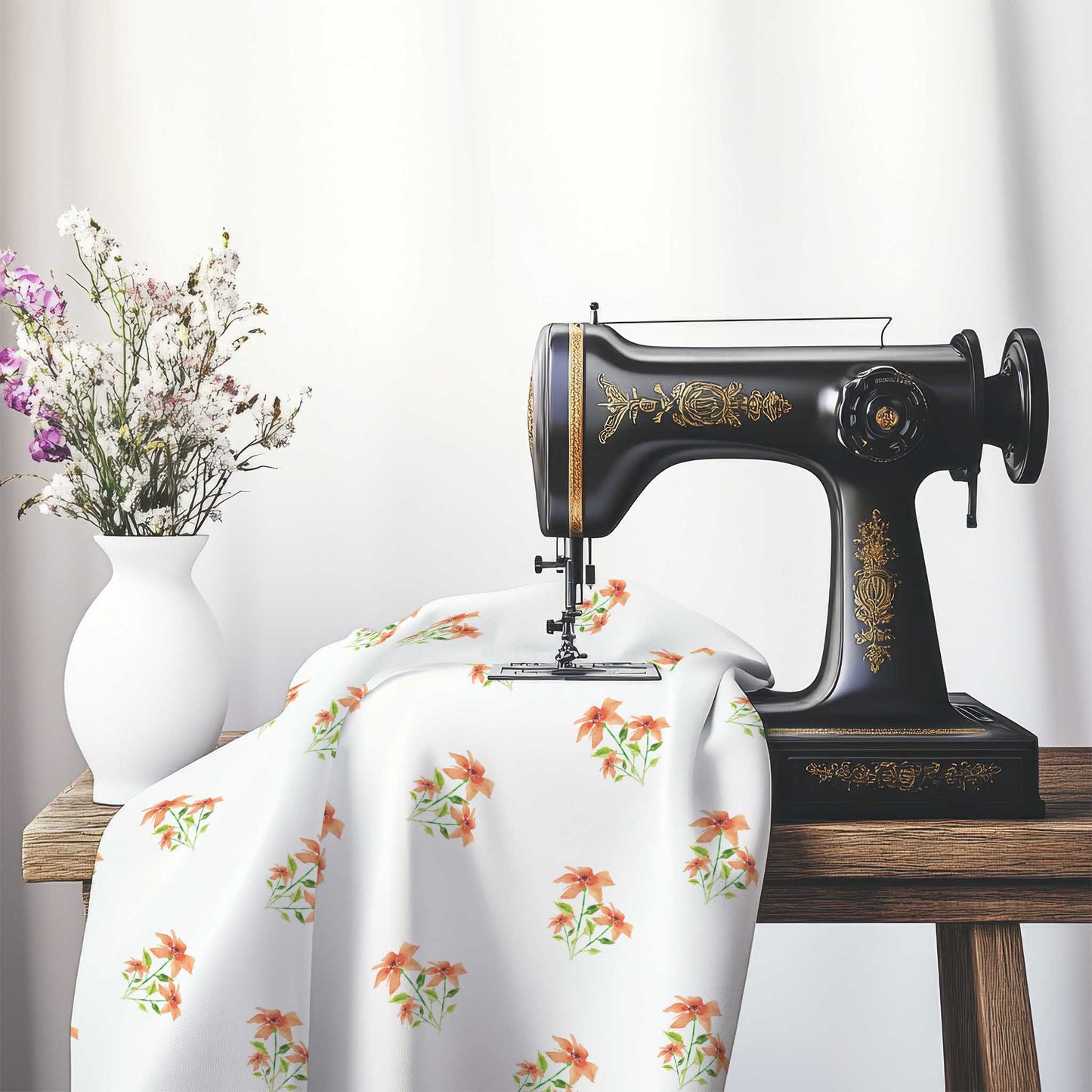 Printed Fabric with Handpainted Red Watercolor Floral Pattern, FASP-1385, on an antique sewing machine sitting on a desk with vase of beautiful flowers.