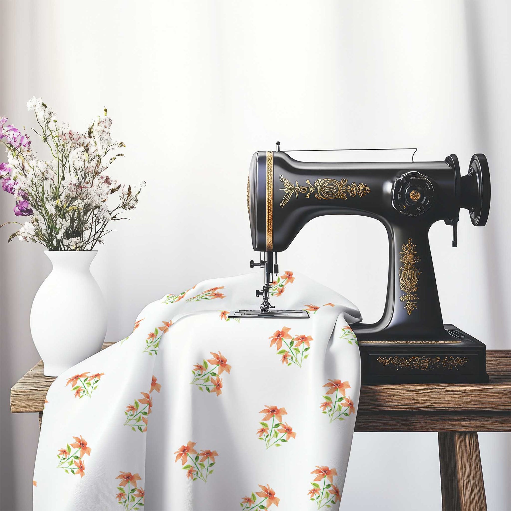 Printed Fabric with Handpainted Red Watercolor Floral Pattern, FASP-1385, on an antique sewing machine sitting on a desk with vase of beautiful flowers.