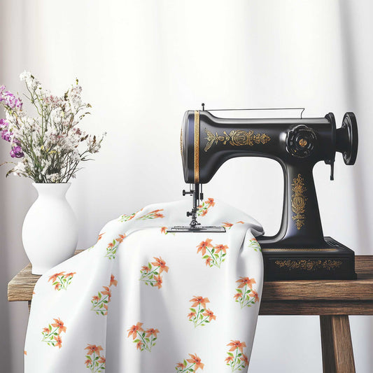 Printed Fabric with Handpainted Red Watercolor Floral Pattern, FASP-1385, on an antique sewing machine sitting on a desk with vase of beautiful flowers.