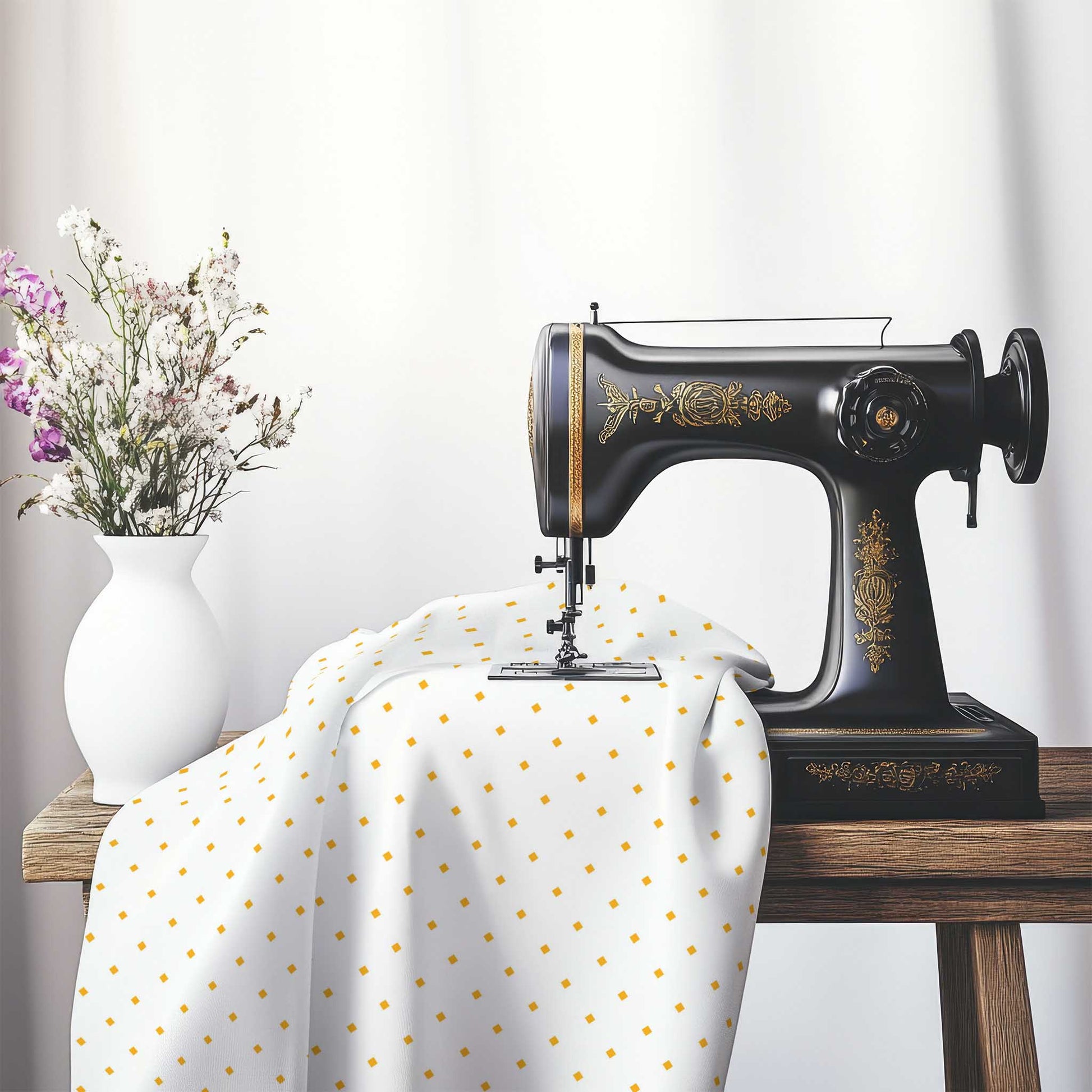 White Spun Polyester Fabric with Yellow-Orange Diamonds, FASP-1390-101, on an antique sewing machine sitting on a desk with vase of beautiful flowers.