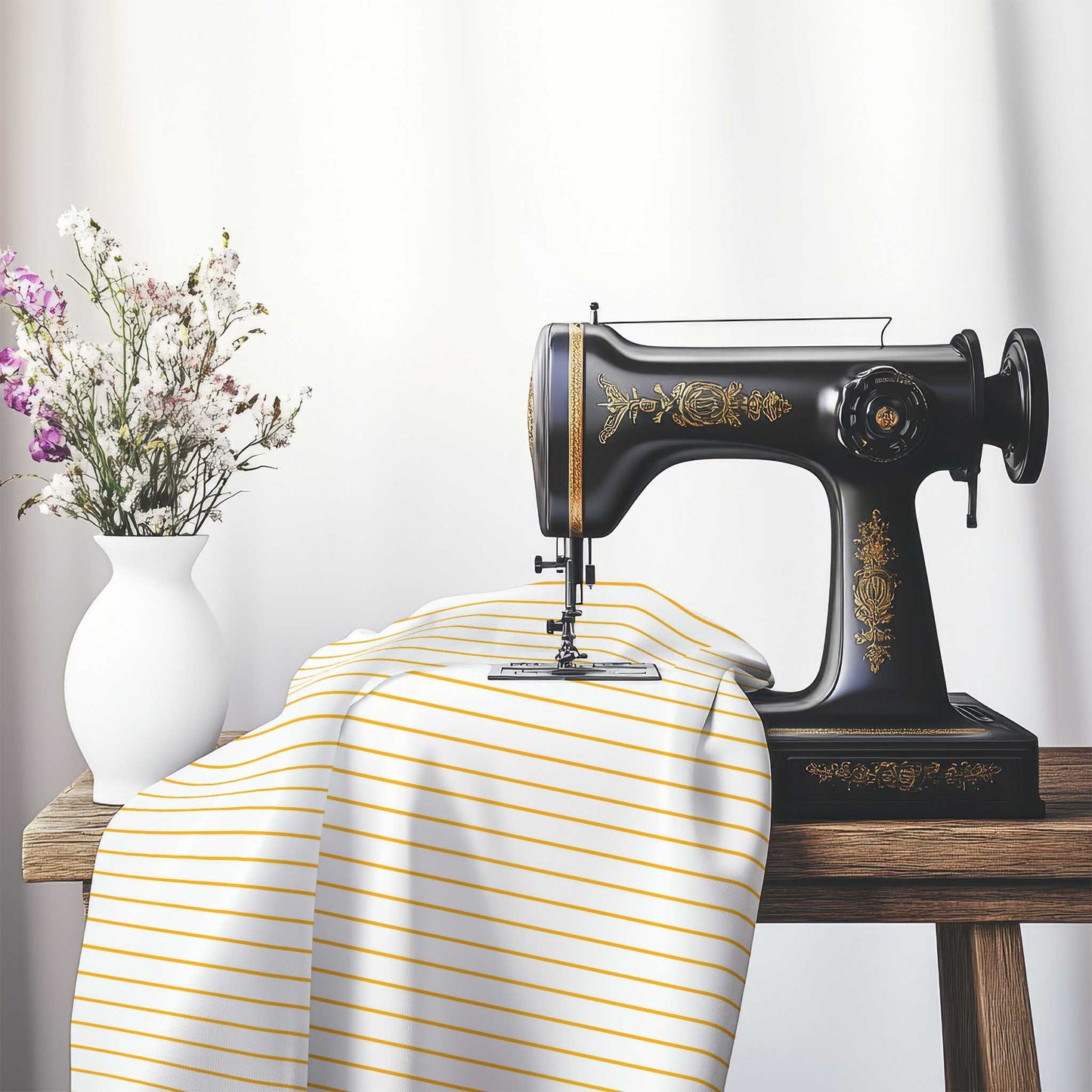 White Spun Polyester Fabric with Fine Yellow-Orange Stripes, FASP-1390-151, on an antique sewing machine sitting on a desk with vase of beautiful flowers.
