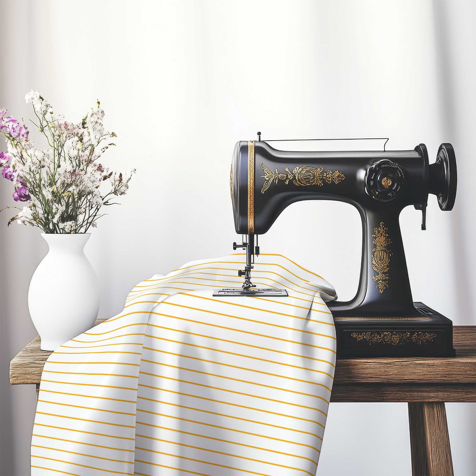 White Spun Polyester Fabric with Fine Yellow-Orange Stripes, FASP-1390-151, on an antique sewing machine sitting on a desk with vase of beautiful flowers.