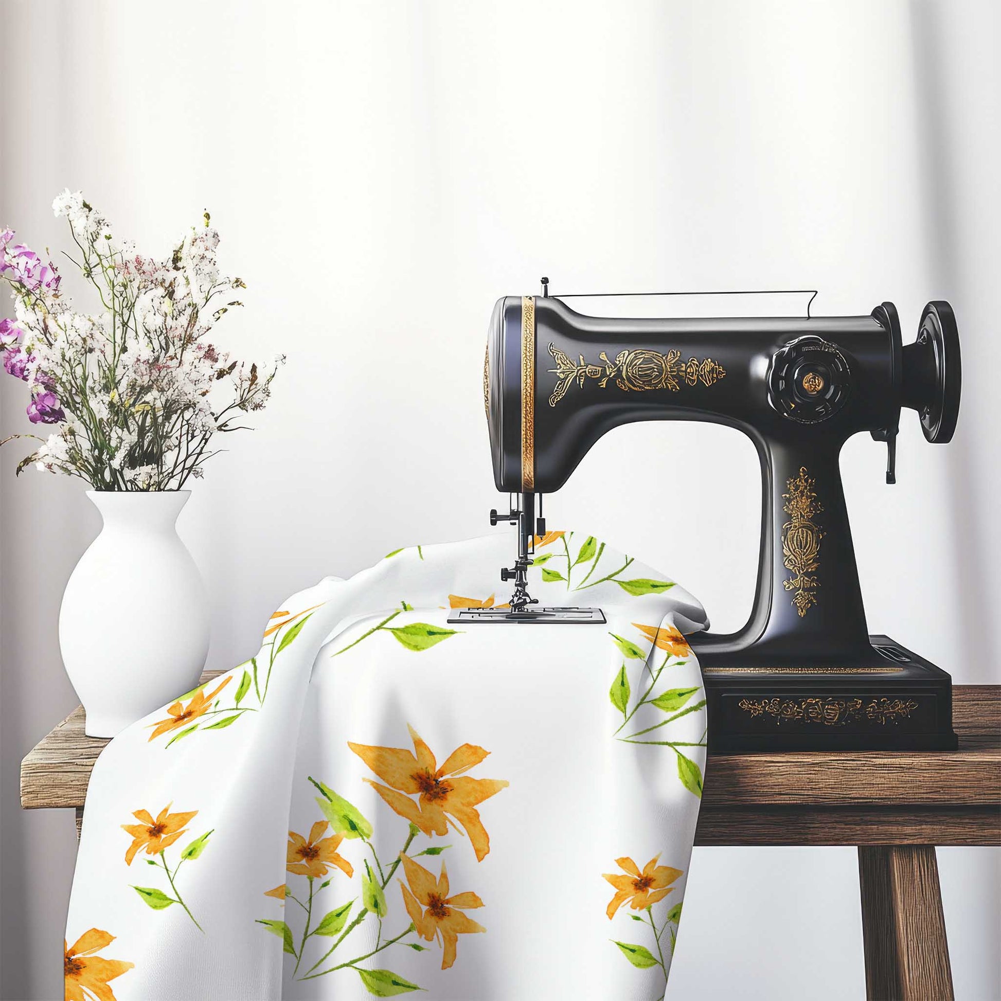 Printed Fabric with Handpainted Yellow-Orange Watercolor Floral, FASP-1394, on an antique sewing machine sitting on a desk with vase of beautiful flowers.