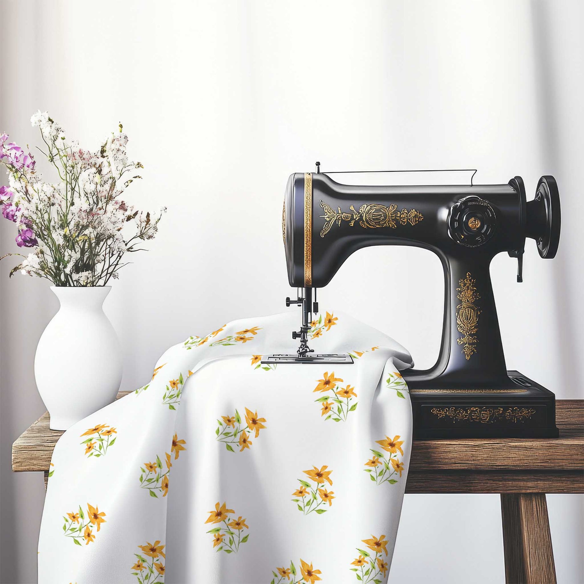 Printed Fabric with Handpainted Yellow-Orange Watercolor Floral Pattern, FASP-1395, on an antique sewing machine sitting on a desk with vase of beautiful flowers.