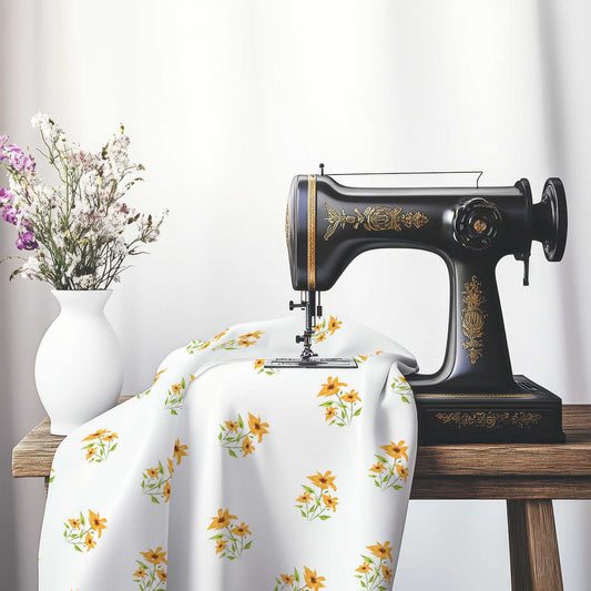 Printed Fabric with Handpainted Yellow-Orange Watercolor Floral Pattern, FASP-1395, on an antique sewing machine sitting on a desk with vase of beautiful flowers.