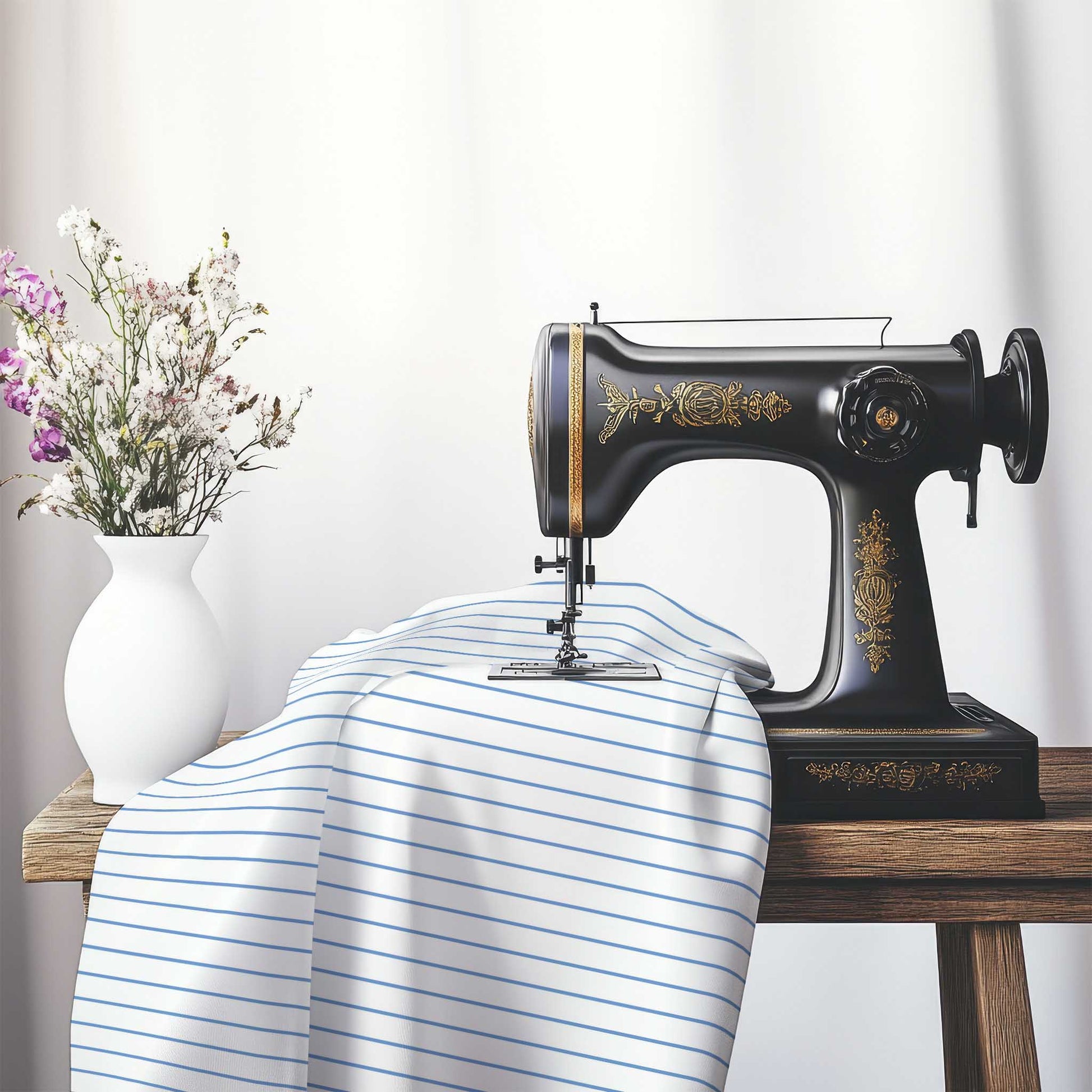 White Spun Polyester Fabric with Fine Blue Stripes, FASP-1400-151, on an antique sewing machine sitting on a desk with vase of beautiful flowers.