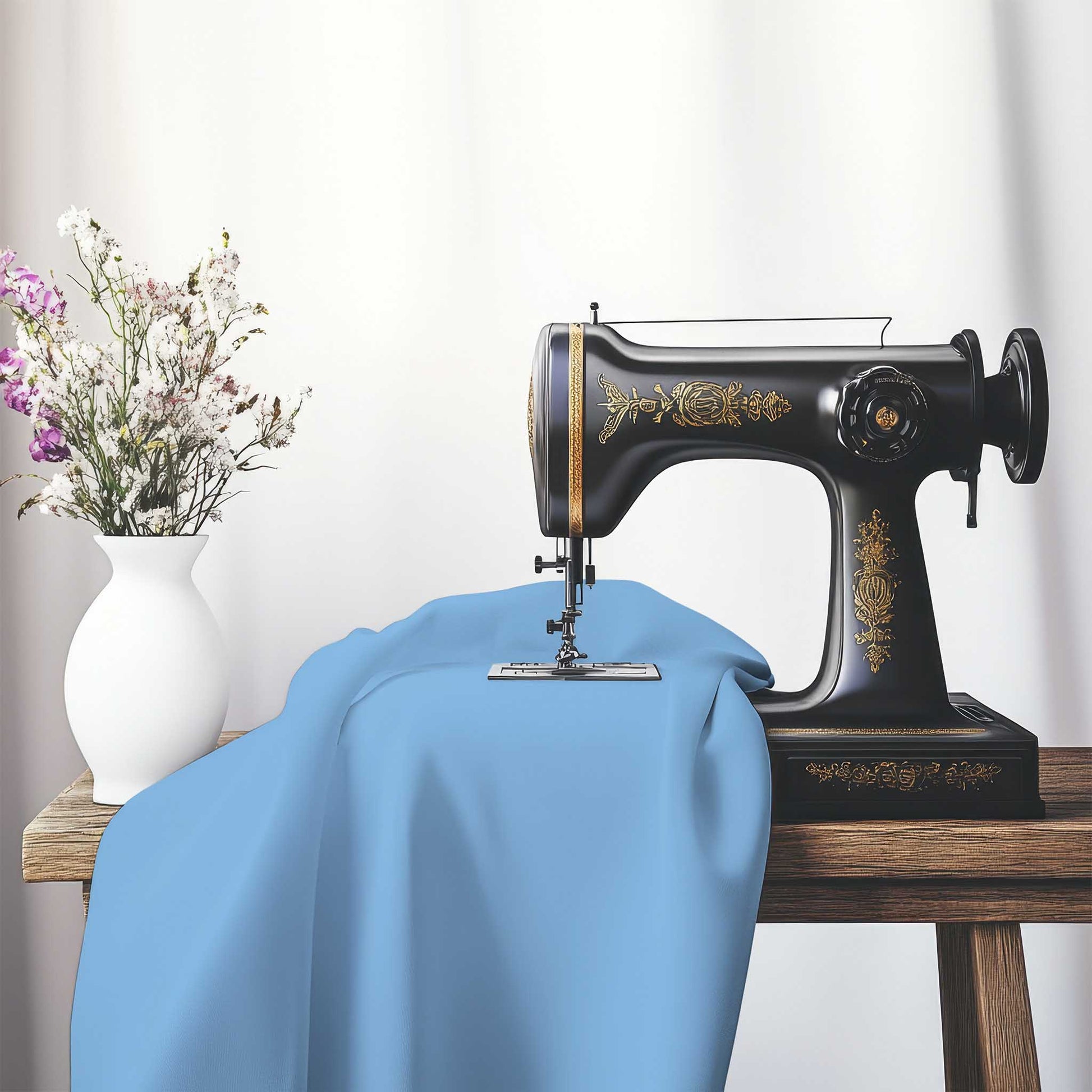 Blue Spun Polyester Handpainted Purple Watercolor Print, FASP-1400-999, on an antique sewing machine sitting on a desk with vase of beautiful flowers.
