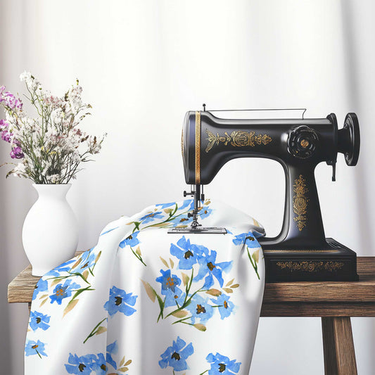 Printed Fabric with Handpainted Blue Watercolor Floral, FASP-1404, on an antique sewing machine sitting on a desk with vase of beautiful flowers.