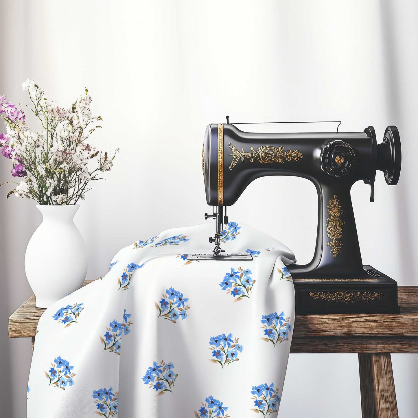 Printed Fabric with Handpainted Blue Watercolor Floral Pattern, FASP-1405, on an antique sewing machine sitting on a desk with vase of beautiful flowers.