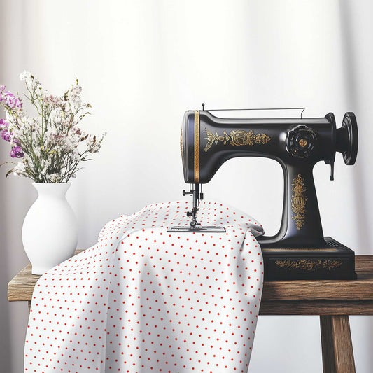 White Spun Polyester Fabric with Fine Red Diamonds, FASP-1410-111, on an antique sewing machine sitting on a desk with vase of beautiful flowers.
