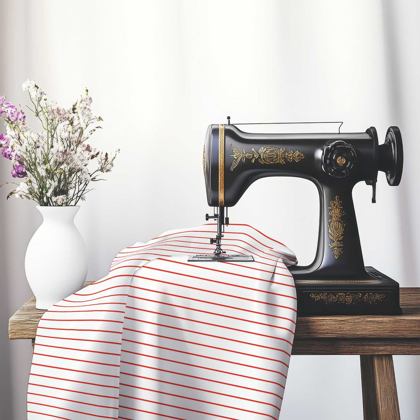 White Spun Polyester Fabric with Fine Red Stripes, FASP-1410-151, on an antique sewing machine sitting on a desk with vase of beautiful flowers.