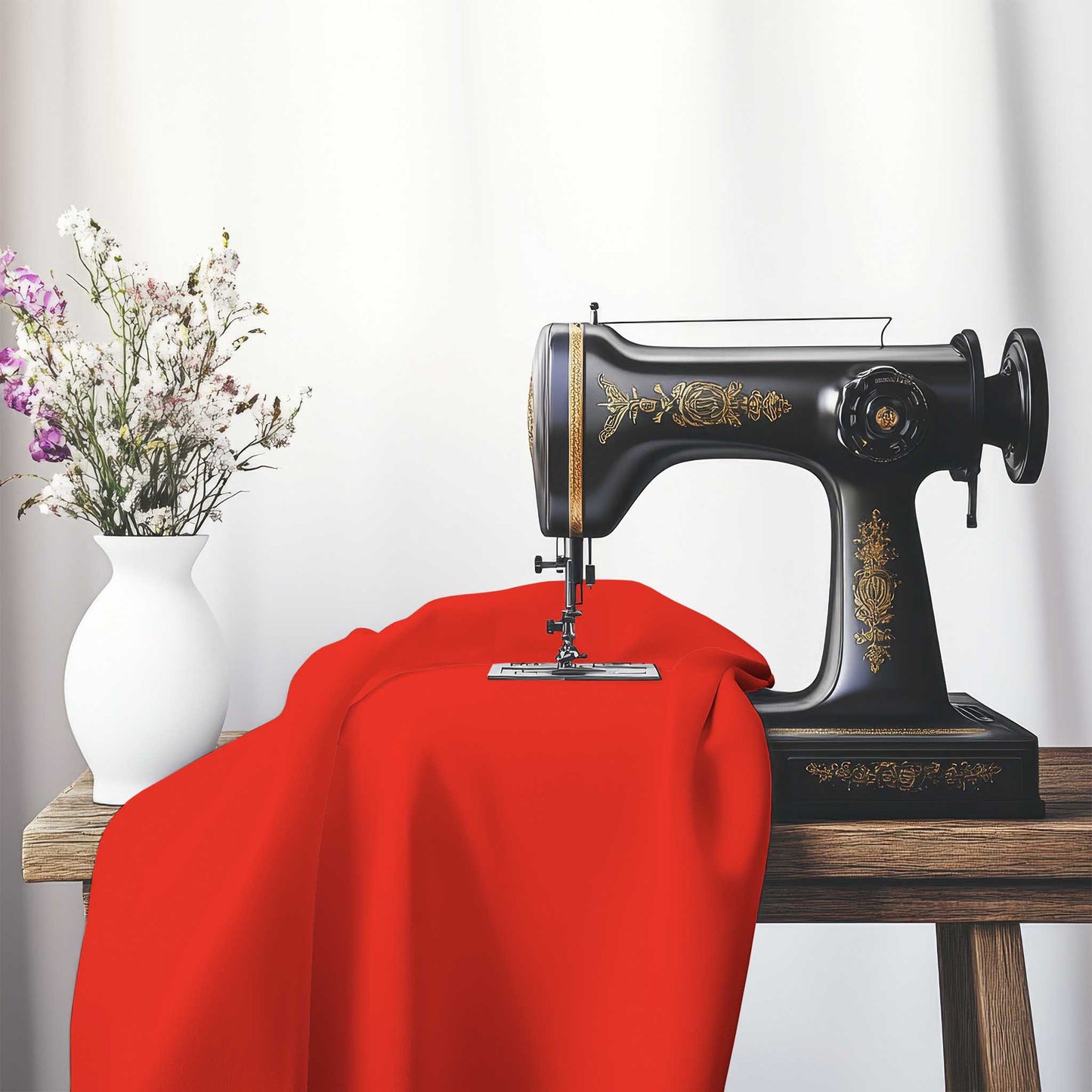 Red Spun Polyester Fabric, FASP-1410-999, on an antique sewing machine sitting on a desk with vase of beautiful flowers.