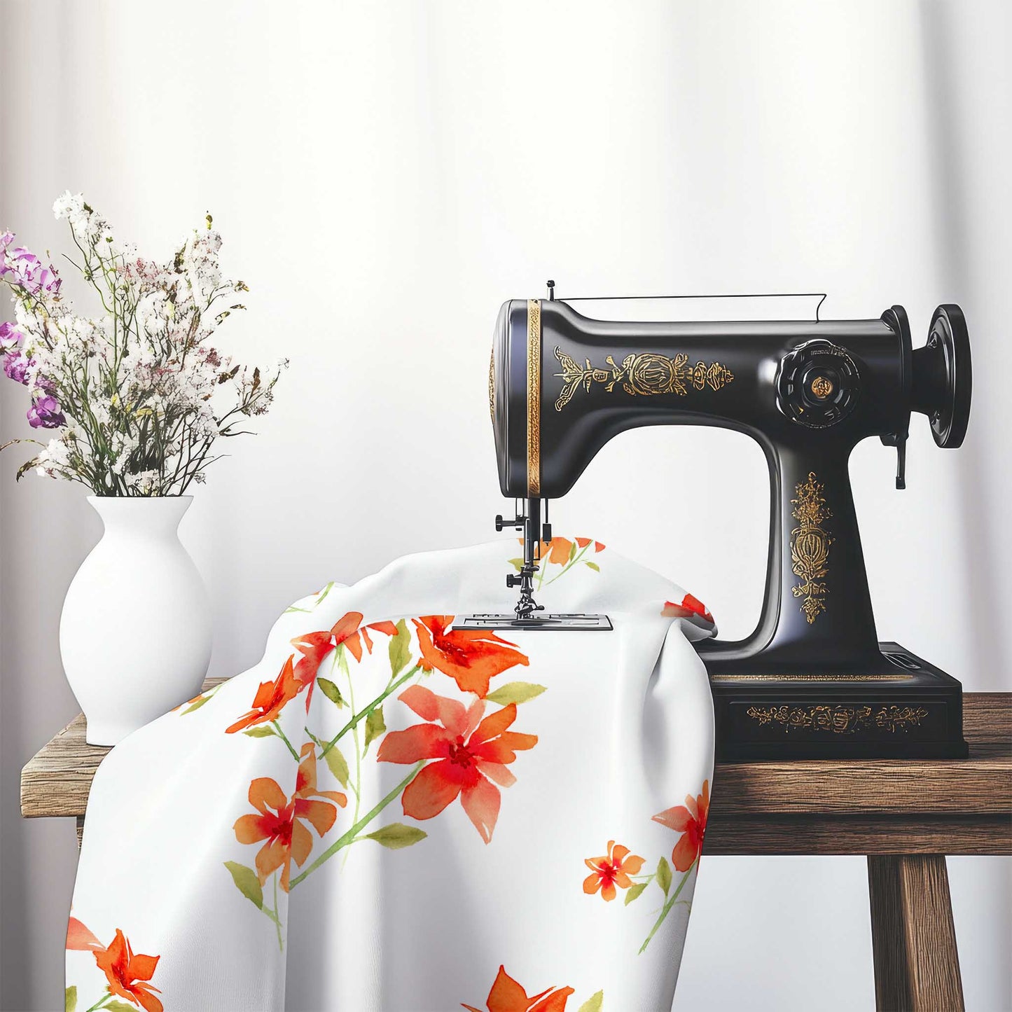 Printed Fabric with Handpainted Red Watercolor Floral, FASP-1414, on an antique sewing machine sitting on a desk with vase of beautiful flowers.