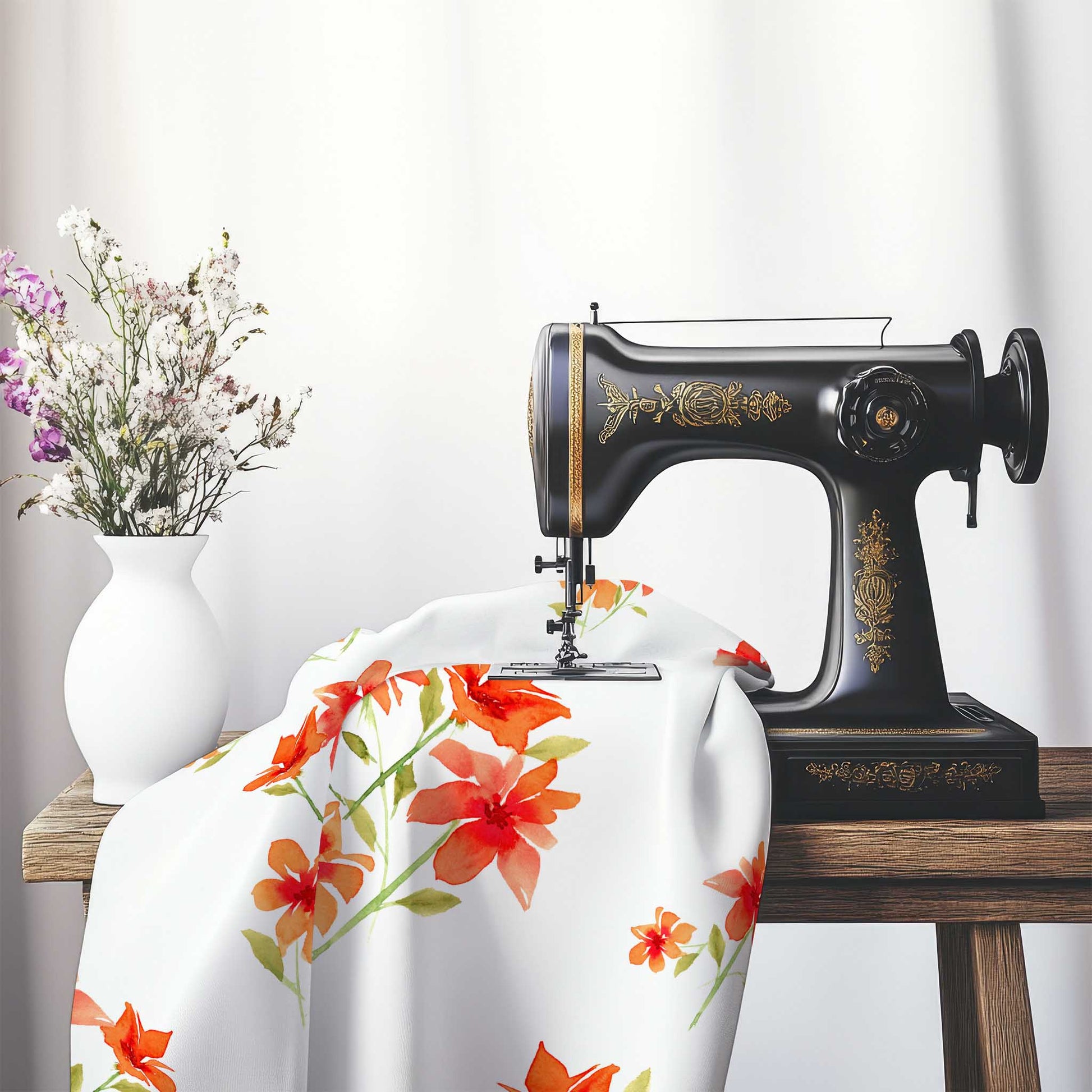 Printed Fabric with Handpainted Red Watercolor Floral, FASP-1414, on an antique sewing machine sitting on a desk with vase of beautiful flowers.