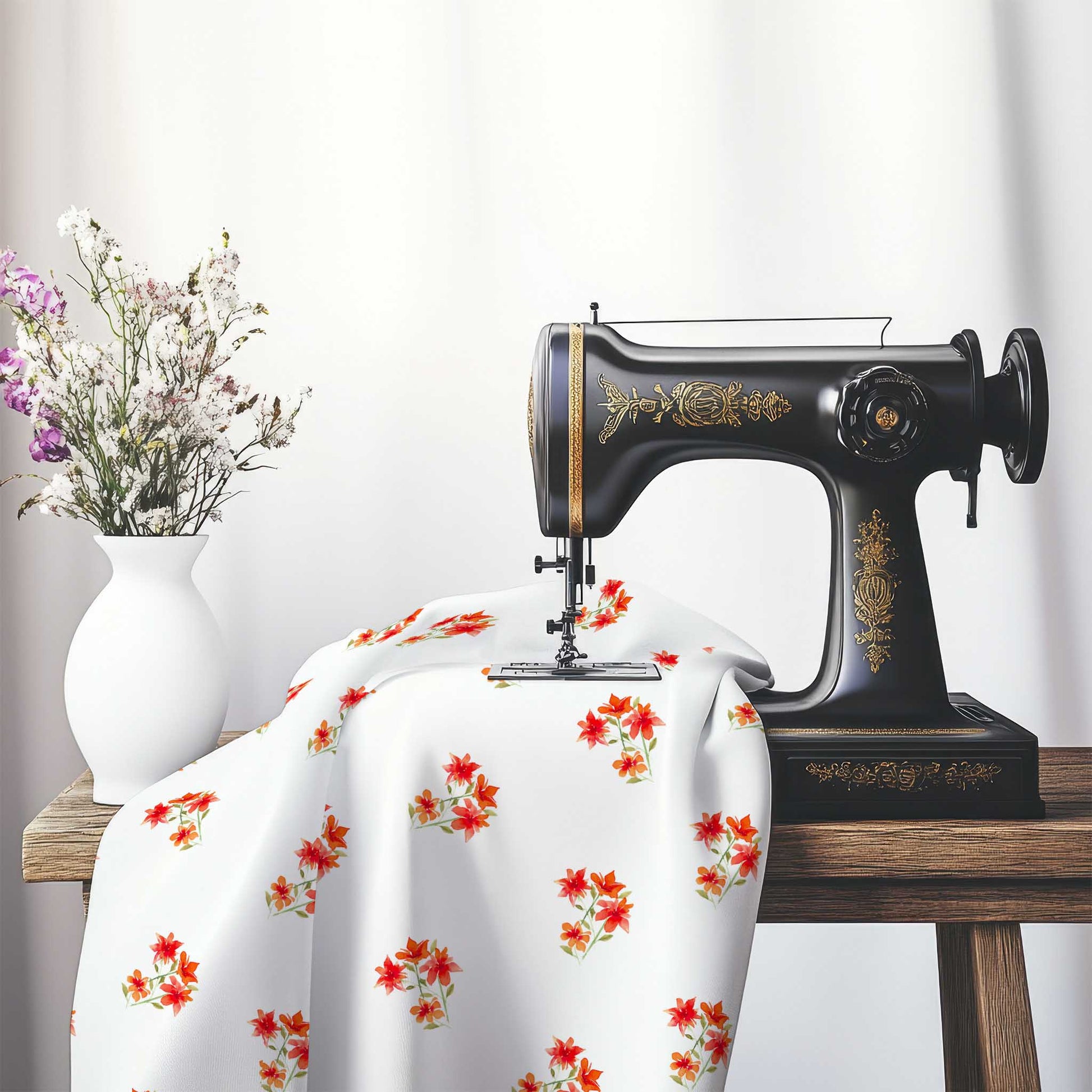 Printed Fabric with Handpainted Red Watercolor Floral Pattern, FASP-1415, on an antique sewing machine sitting on a desk with vase of beautiful flowers.