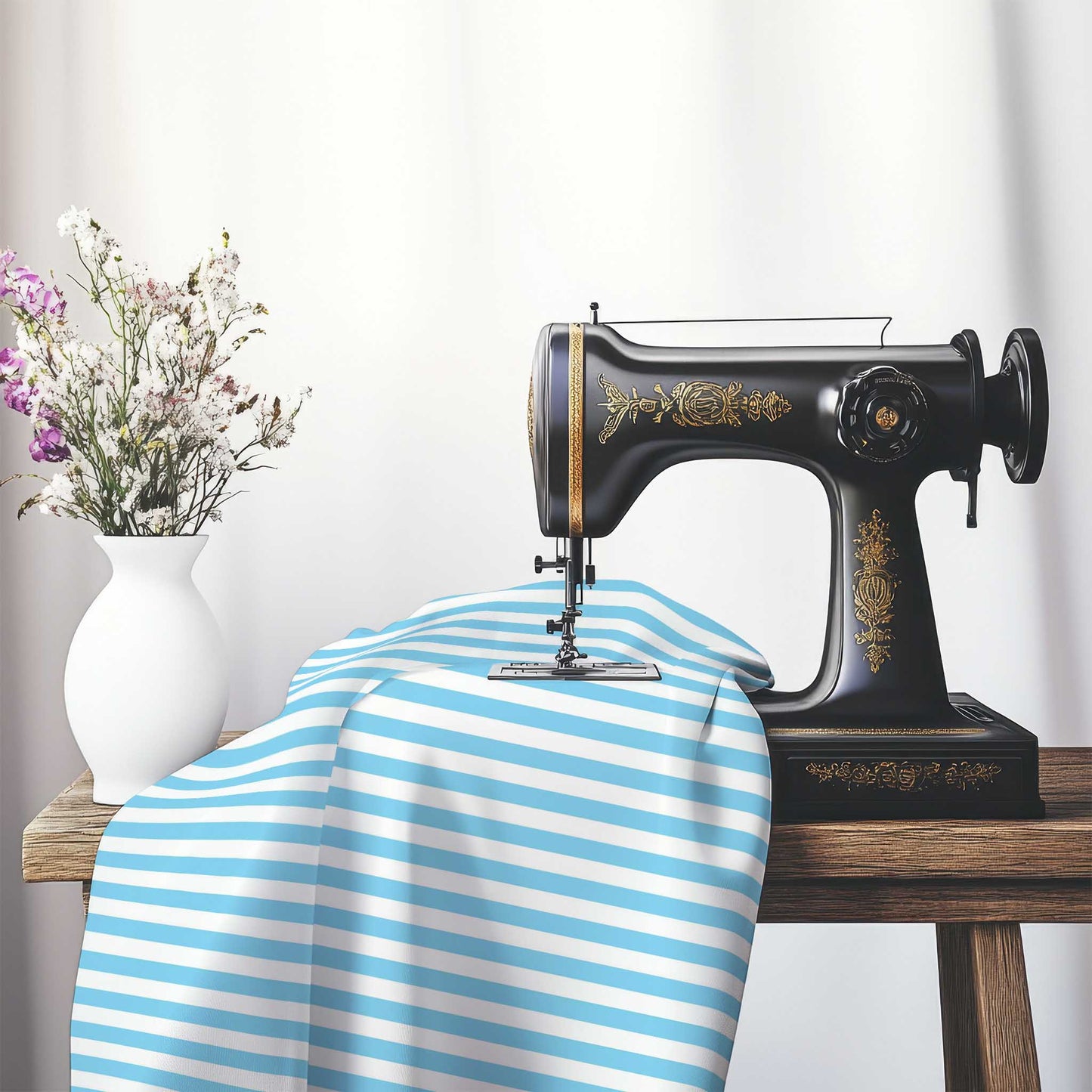 White Spun Polyester Fabric with Blue Bars, FASP-1430-051, on an antique sewing machine sitting on a desk with vase of beautiful flowers.