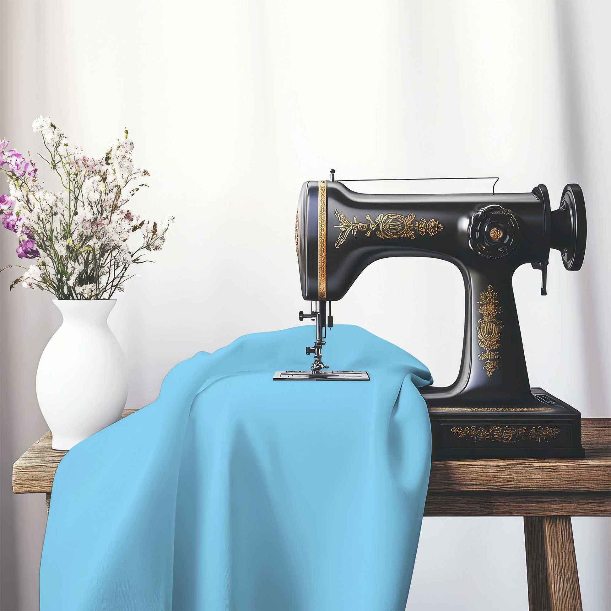 Blue Spun Polyester Handpainted Purple Watercolor Print, FASP-1430-999, on an antique sewing machine sitting on a desk with vase of beautiful flowers.