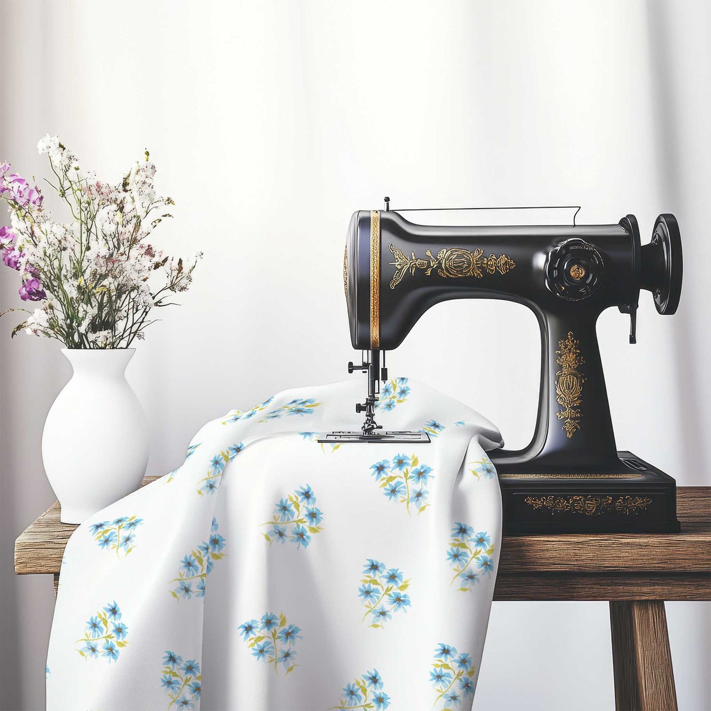 Printed Fabric with Handpainted Blue Watercolor Floral Pattern, FASP-1435, on an antique sewing machine sitting on a desk with vase of beautiful flowers.