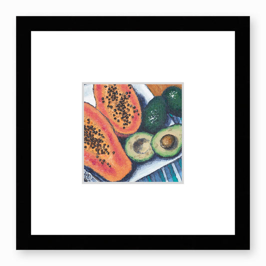 Framed Fine Art Print, Faux Mat - 12x12 inches | Papayas & Avocados in Acrylic, FMS-1000-1105, Prints, Fine art, Black Frame,12 x 12 inches