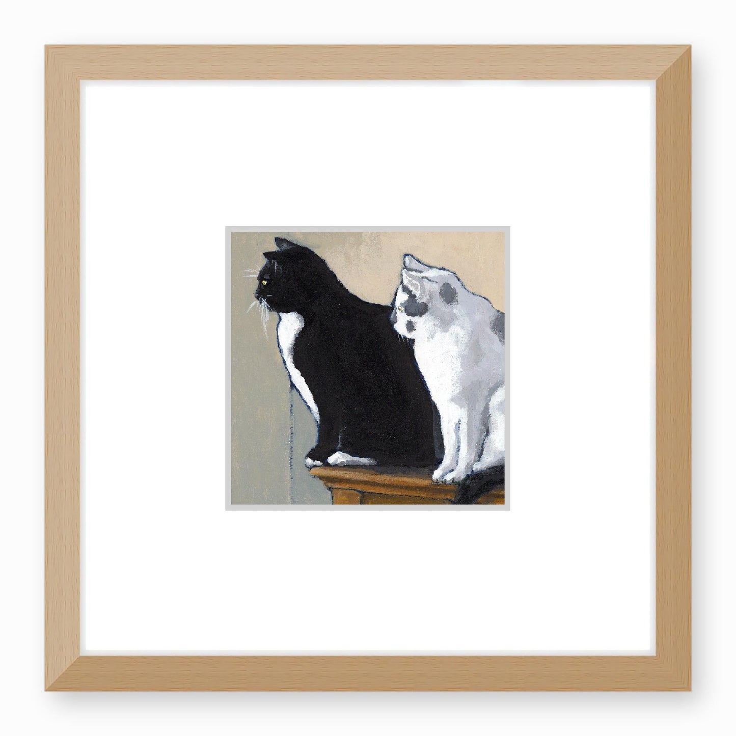 Framed Fine Art Print, Faux Mat - 12x12 inches | Black Cat White Cat in Acrylic, FMS-1000-1122, Prints, Fine art, Natural Frame,12 x 12 inches