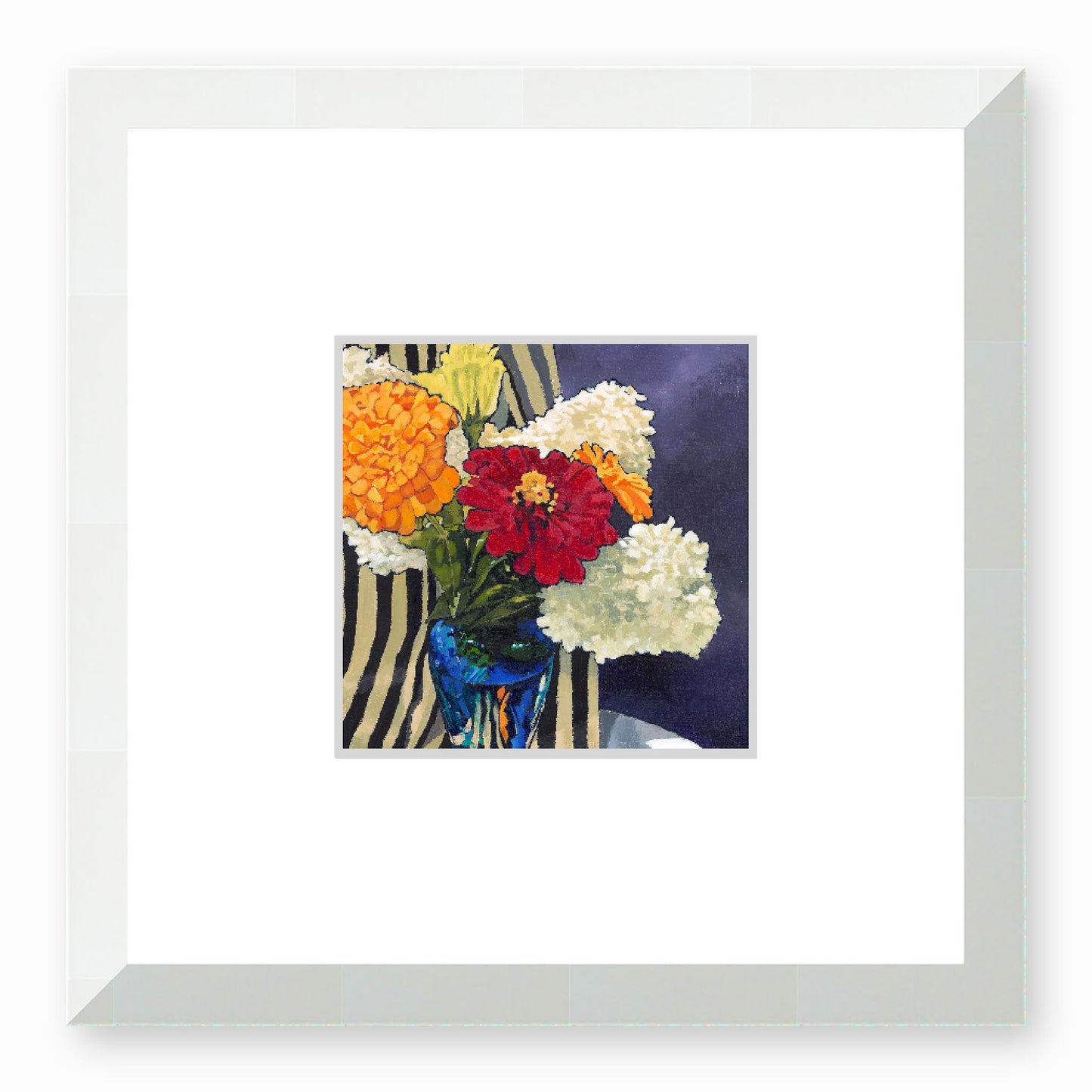 Framed Fine Art Print, Faux Mat - 12x12 inches | Hydrangeas & Zinnias in Acrylic, FMS-1030, Prints, Fine art, White Frame,12 x 12 inches